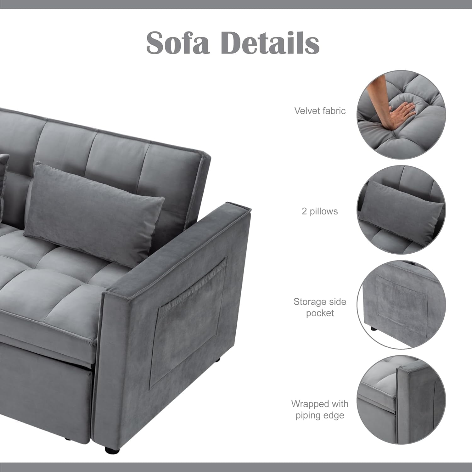 54 Inches Convertible Sofa Bed With Adjustable Backrest