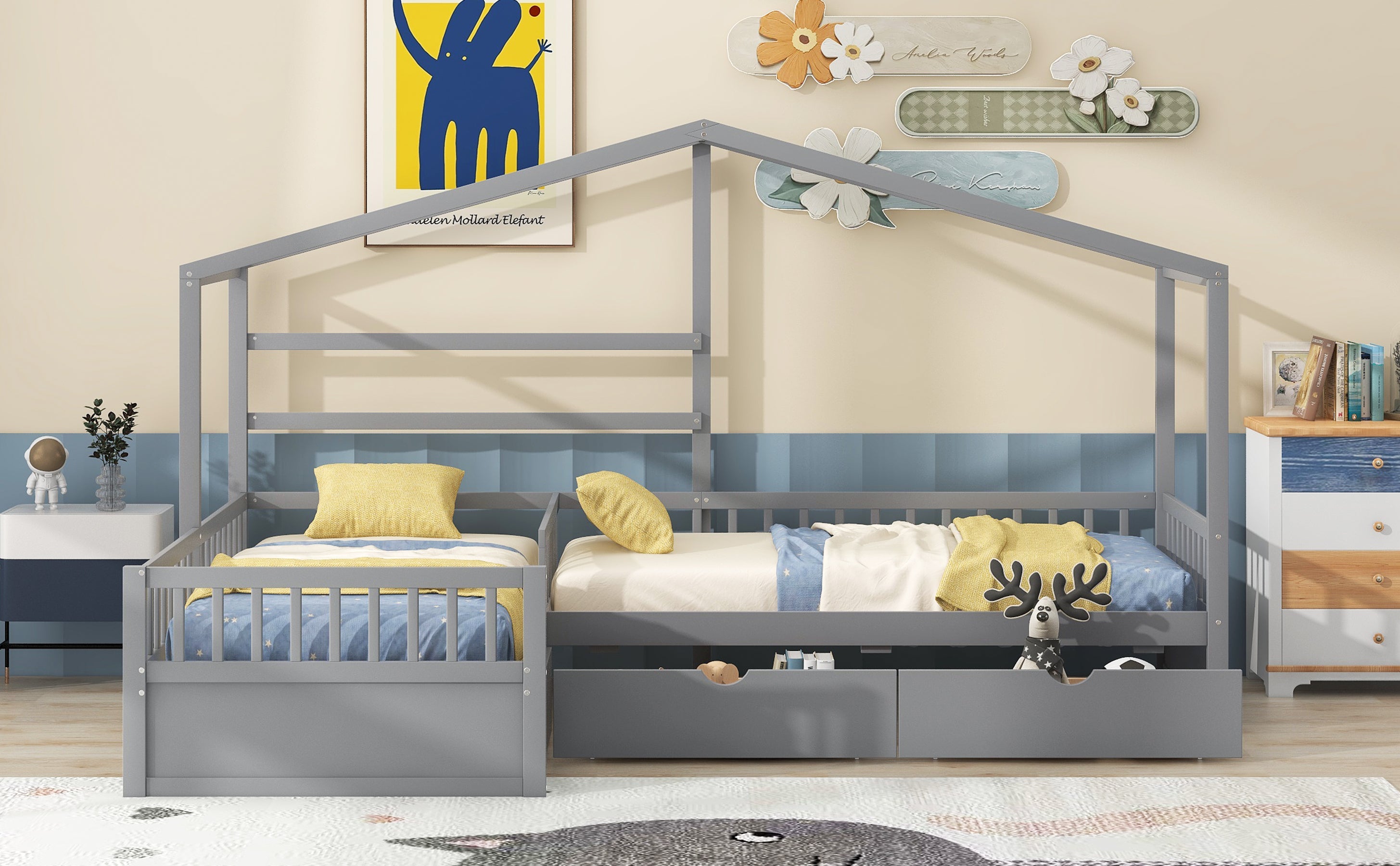 Twin Size House Platform Bed with Three Storage Drawers