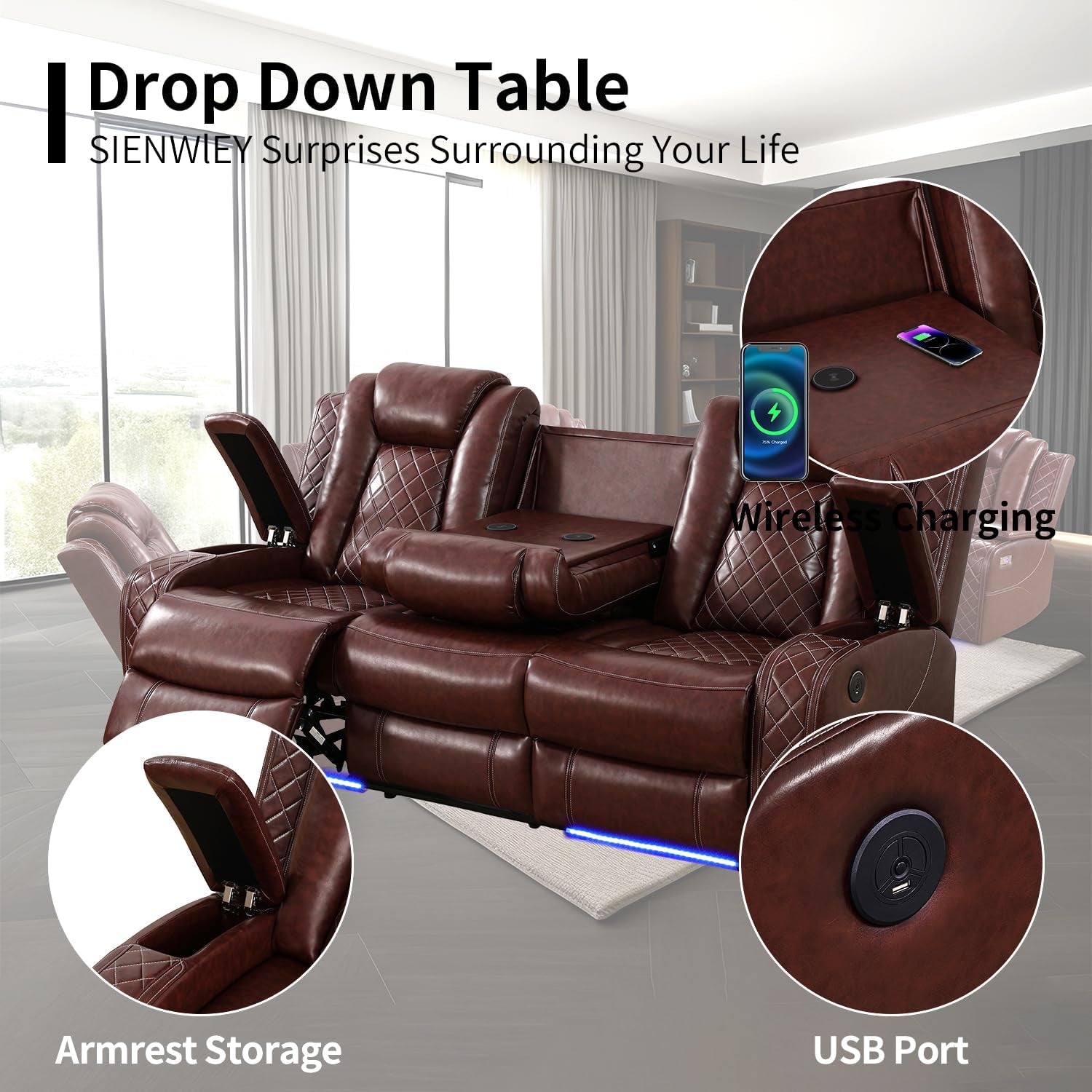 Techno Power Reclining Brown Leather Sofa Set