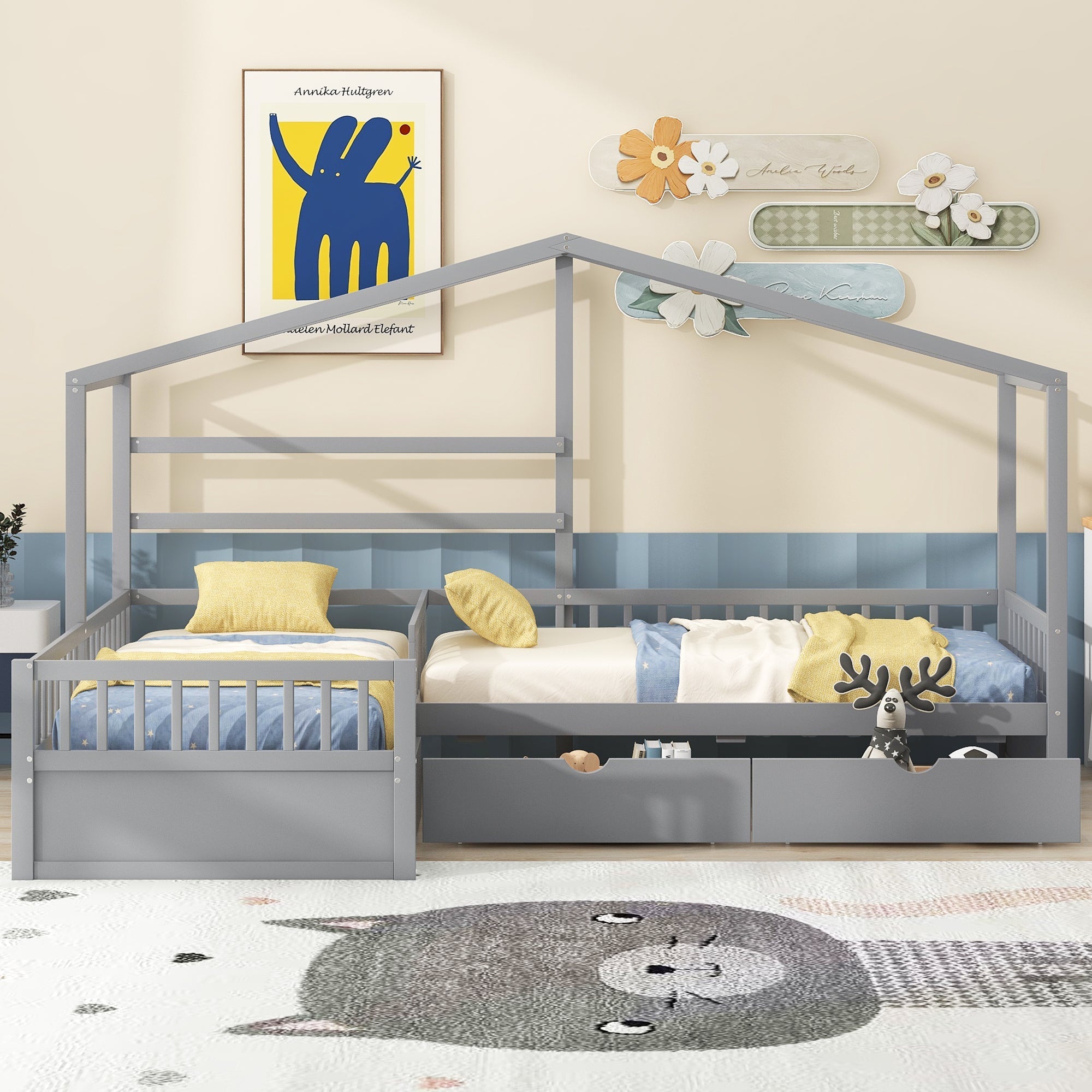 Twin Size House Platform Bed with Three Storage Drawers