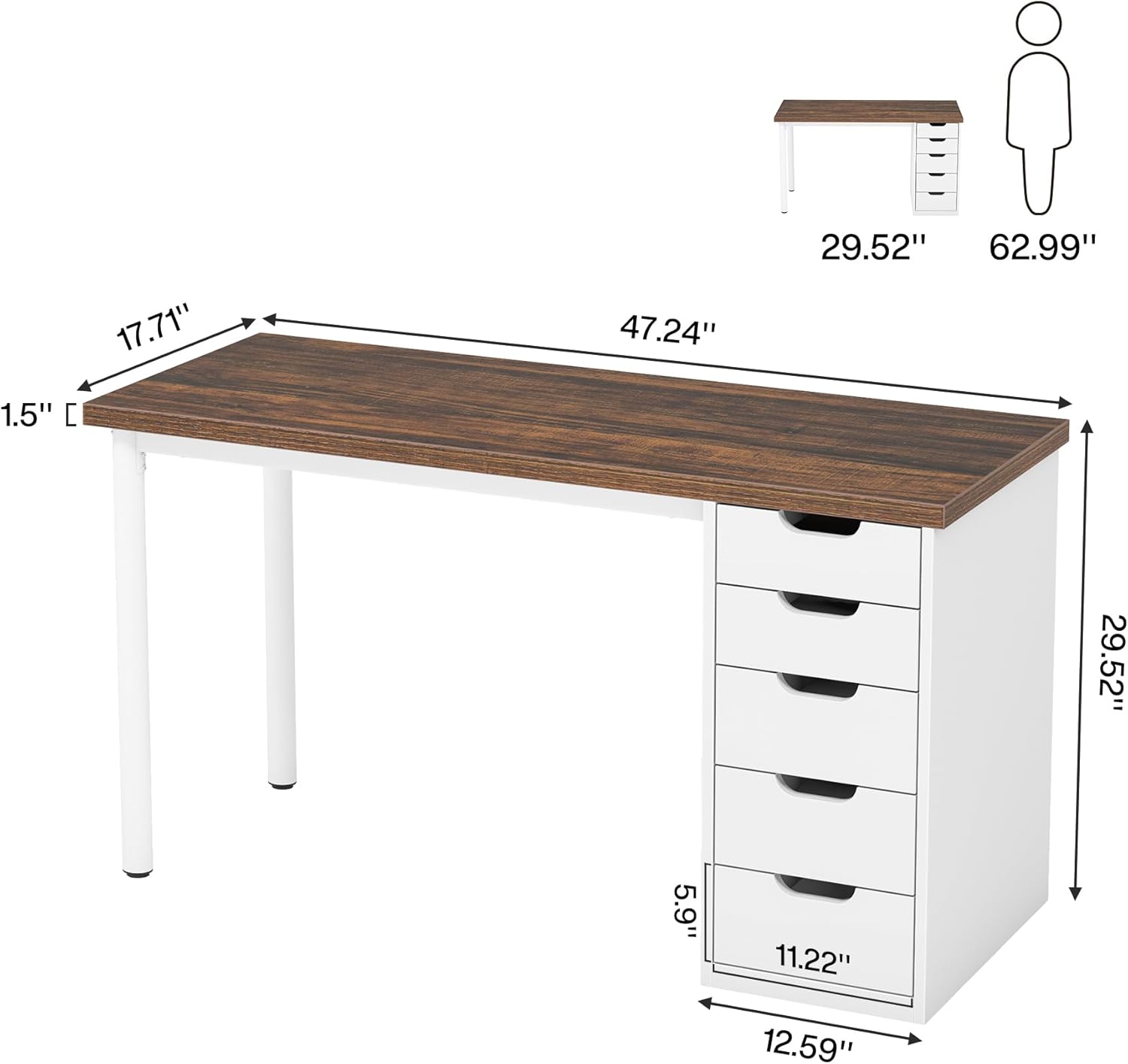 Computer Desk with 5 Drawers - 47 Inch Rustic Design