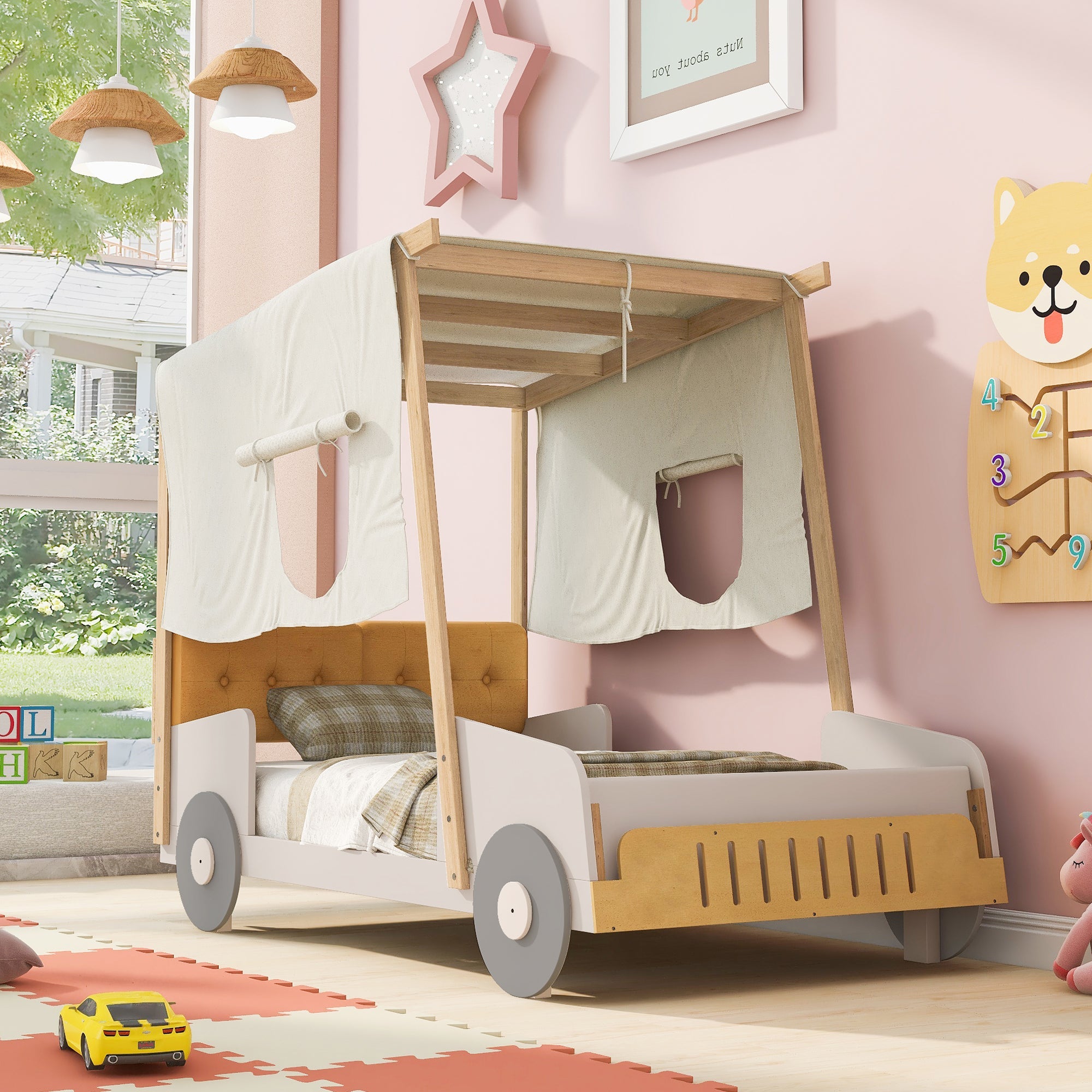 Wood Twin Size Car Bed with Pillow and Ceiling Cloth