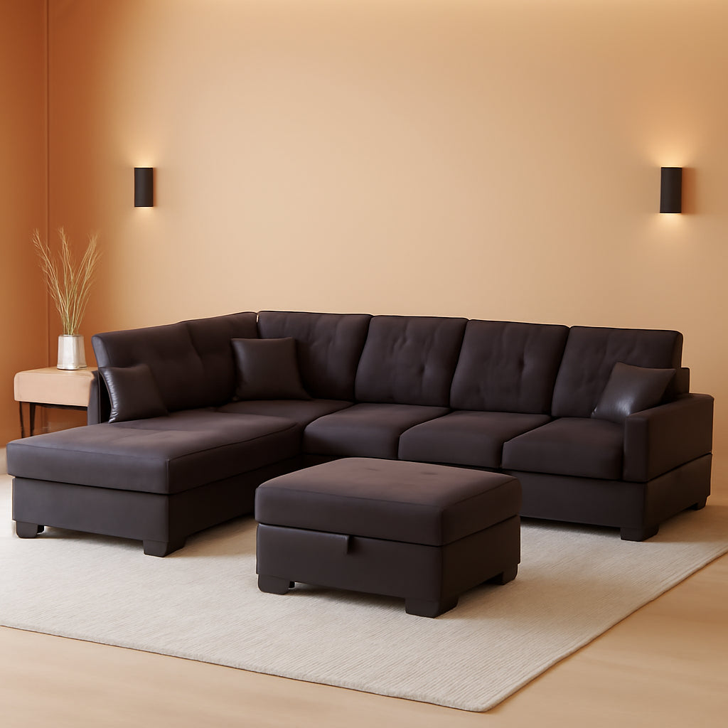 Ponliving Espresso L Shaped Sectional Sofa Set Left Hand Facing