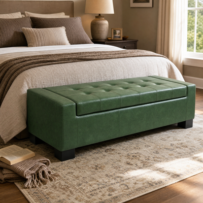 Green Storage Bench with Solid Wood Legs