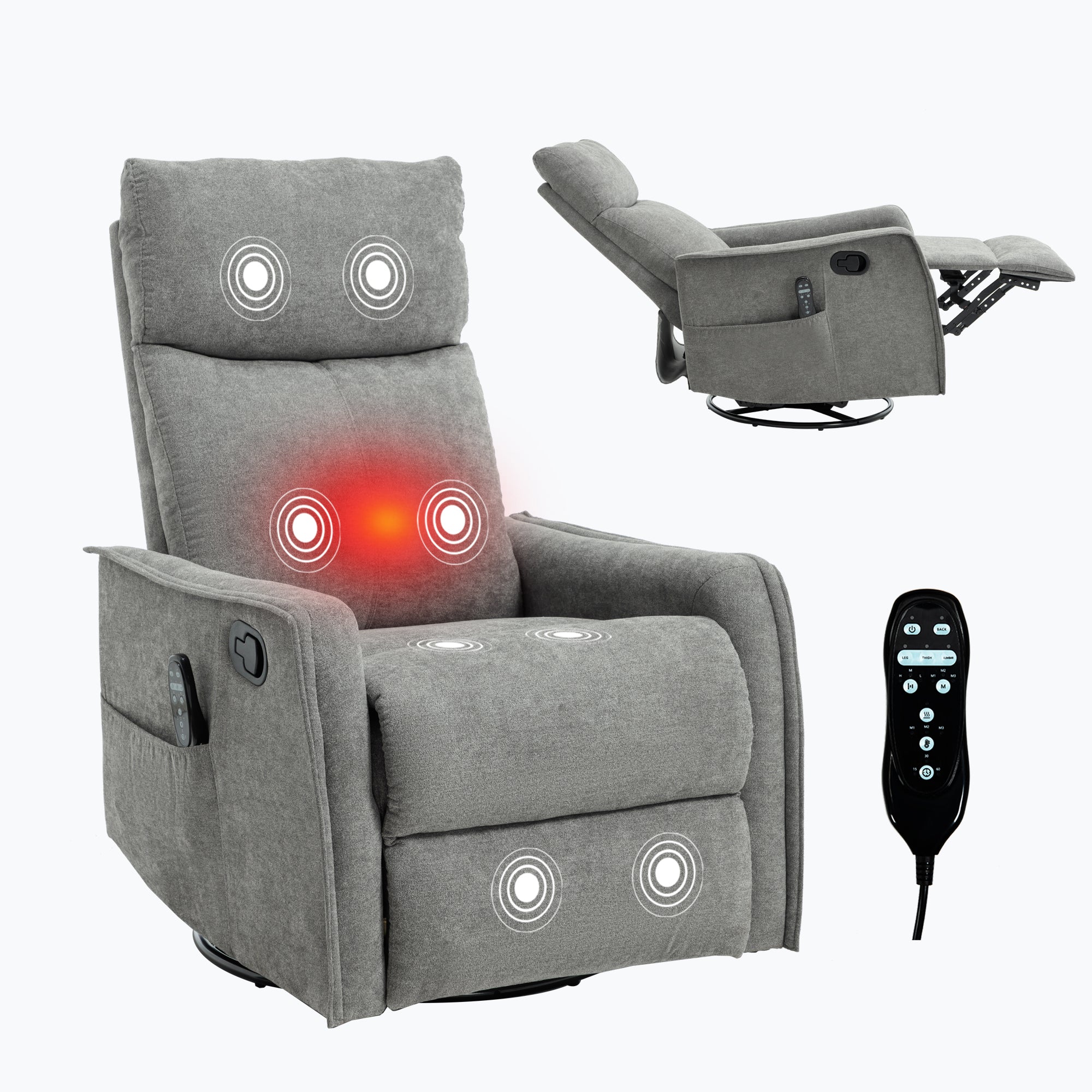 Heat Massage Manual Recliner Chair with Rocker and Swivel in Fabric