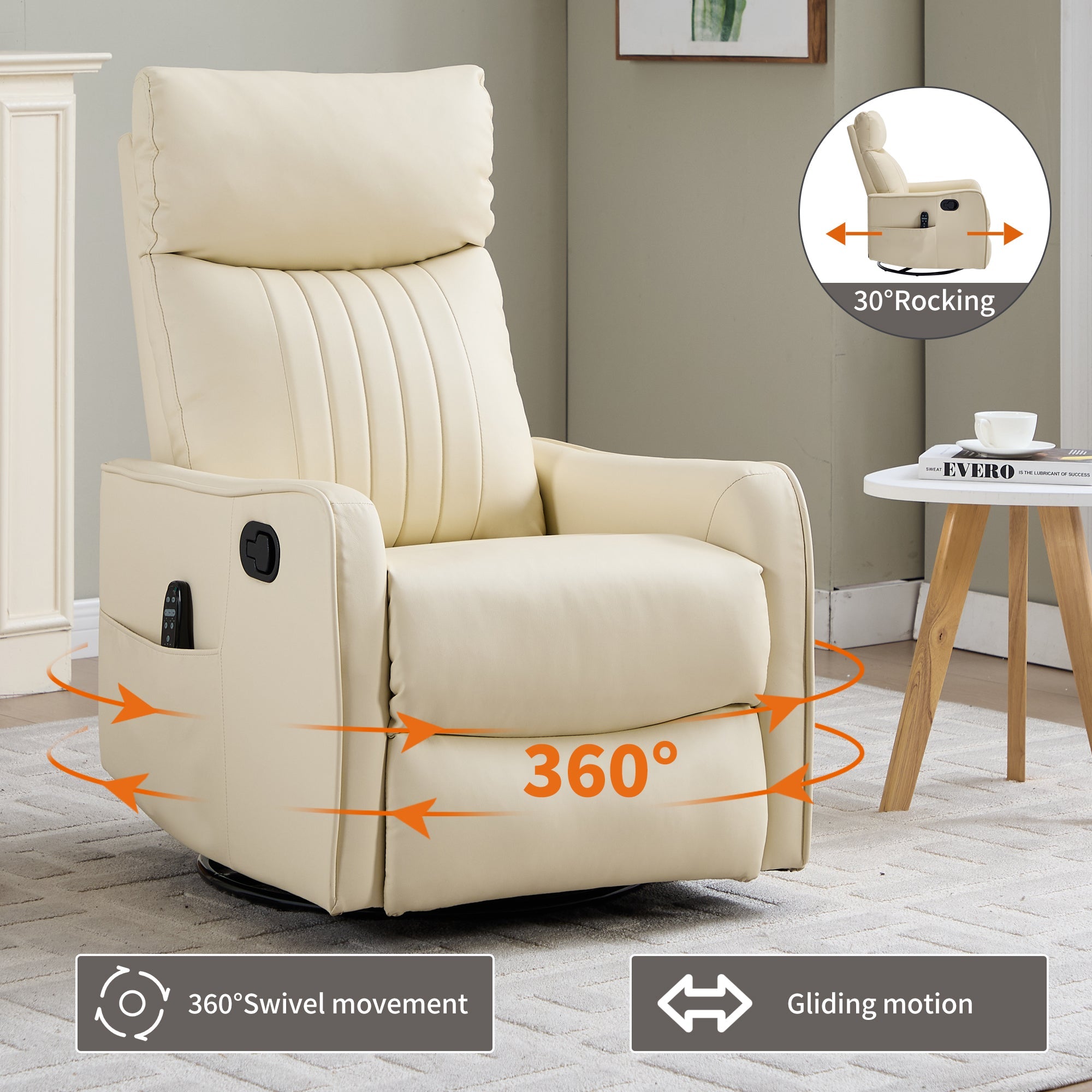 Beige Heat Massage Manual Recliner Chair with Rocker and Swivel in Faux Leather