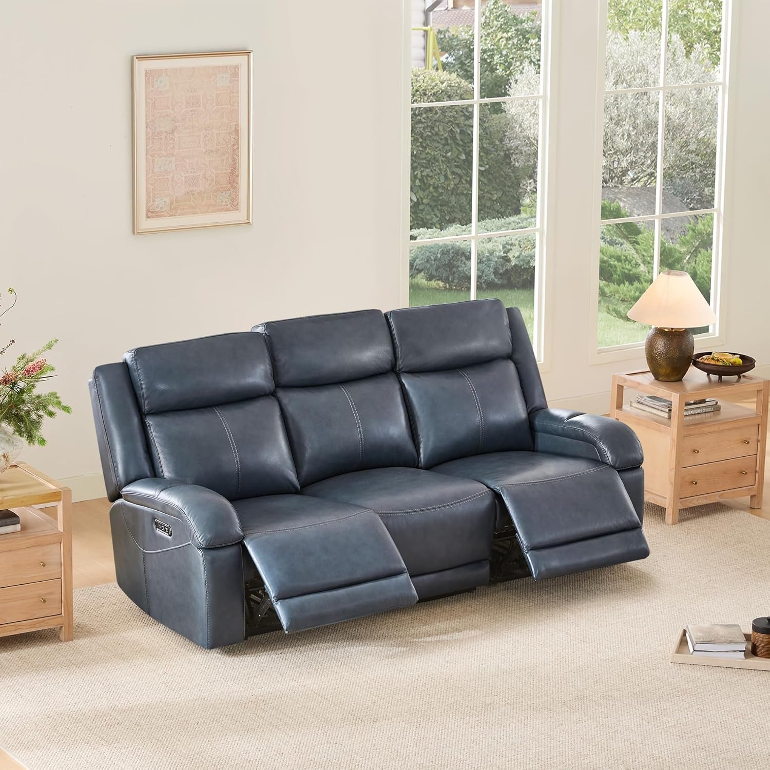 Navy Leather Power Recliner Sofa