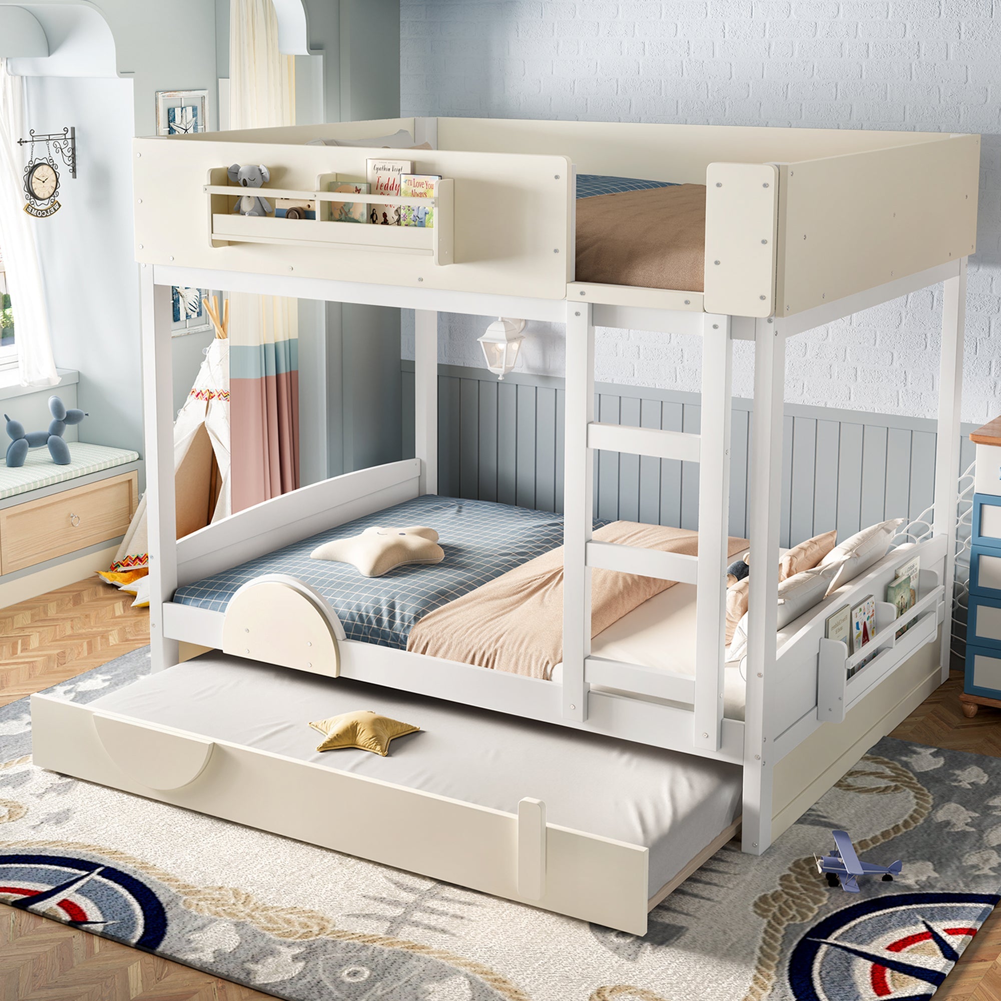 Full Bunk Bed with Trundle, White & Beige