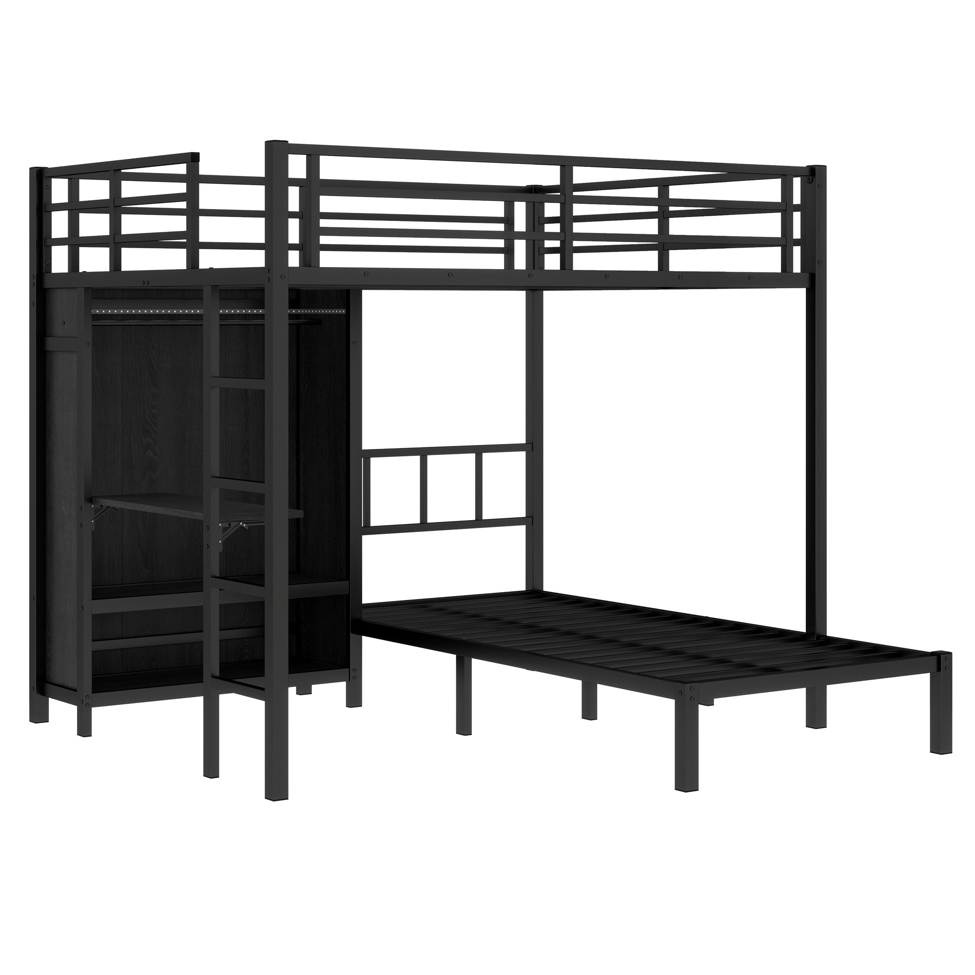 Full XL Over Twin Metal Bunk Bed with Folding Desk and LED Closet