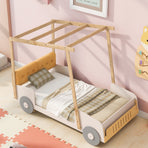 Wood Twin Size Car Bed with Pillow and Ceiling Cloth