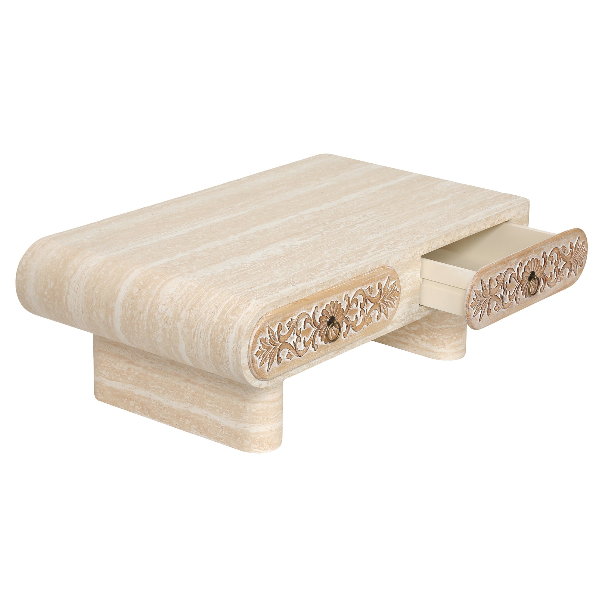 Rounded Edge Coffee Table with Flower Pattern Solid Wood Drawer