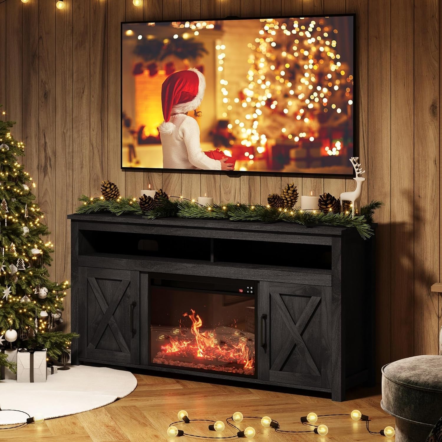 The Farmhouse 58 Inch TV Stand With Electric Fireplace Grey