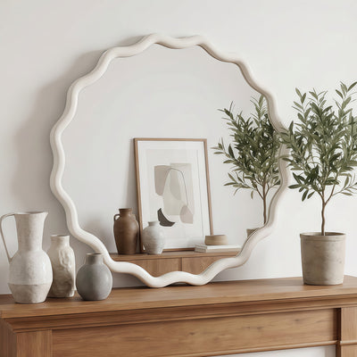 White 24 inch Wavy Round Solid Wood Frame Mirror