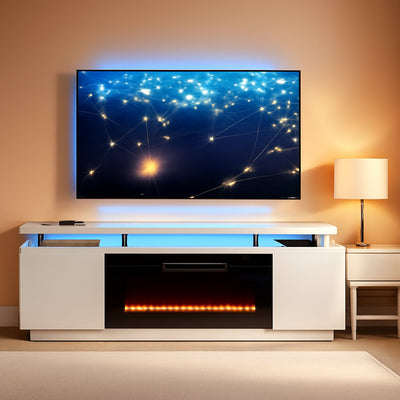 80 Inch White Electric Fireplace TV Stand With LED Lights