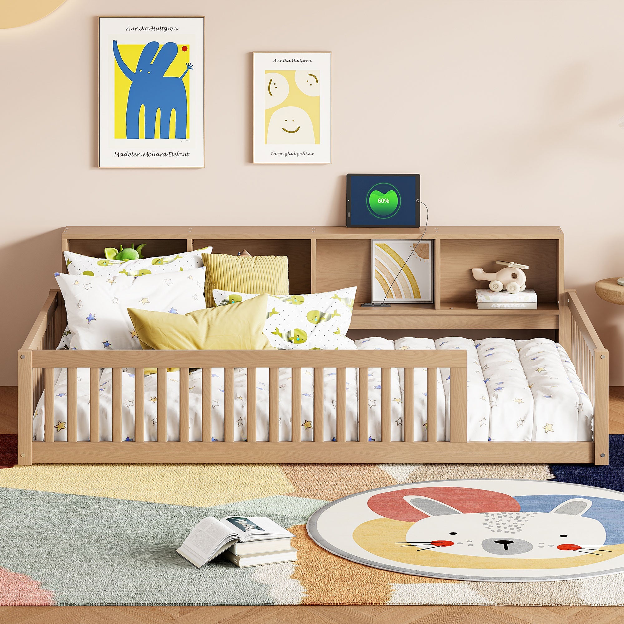 Wood Twin XL Bed with Storage Cabinets
