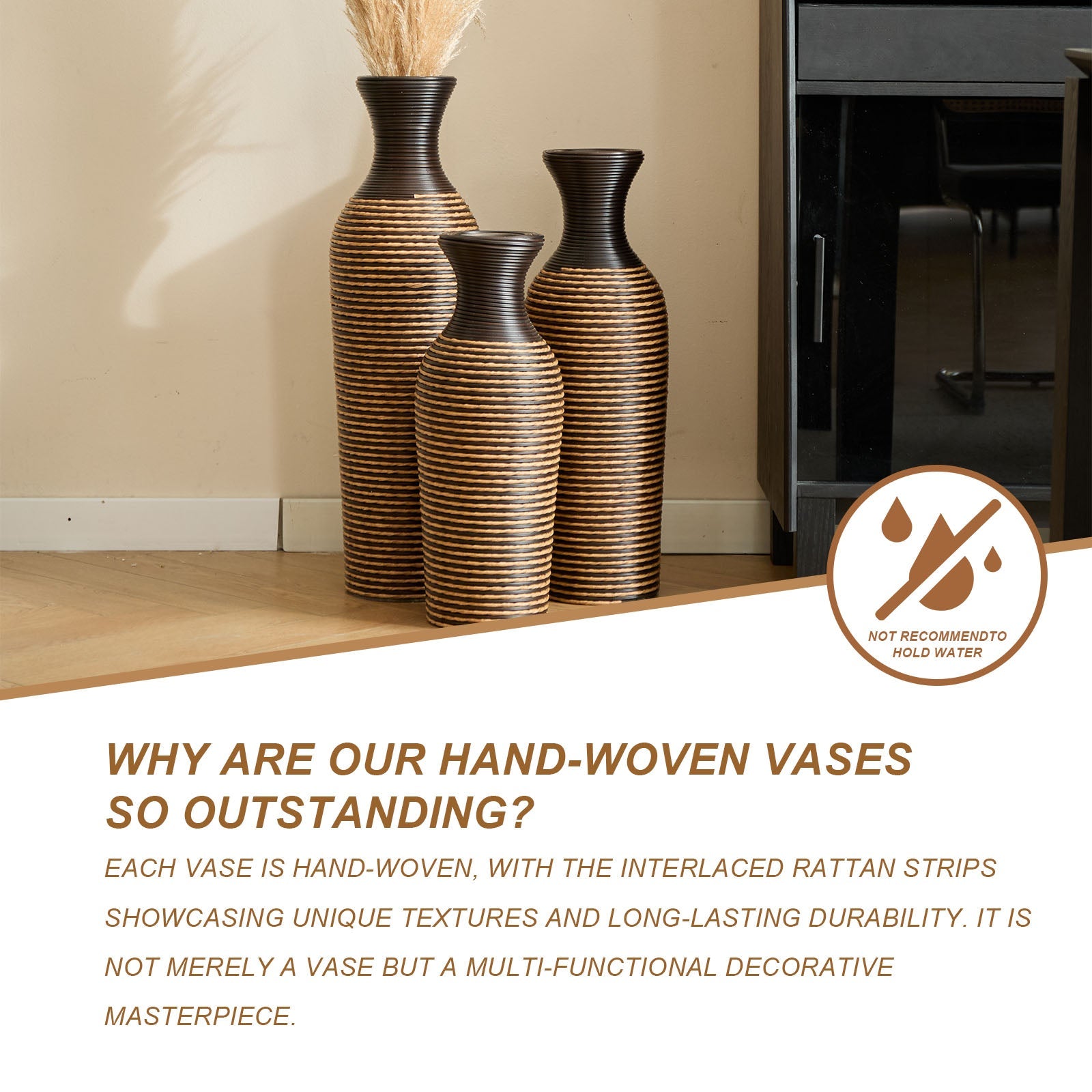 Hand-Woven PVC Rattan Vases, Set of 3 Decorative Floor Vases