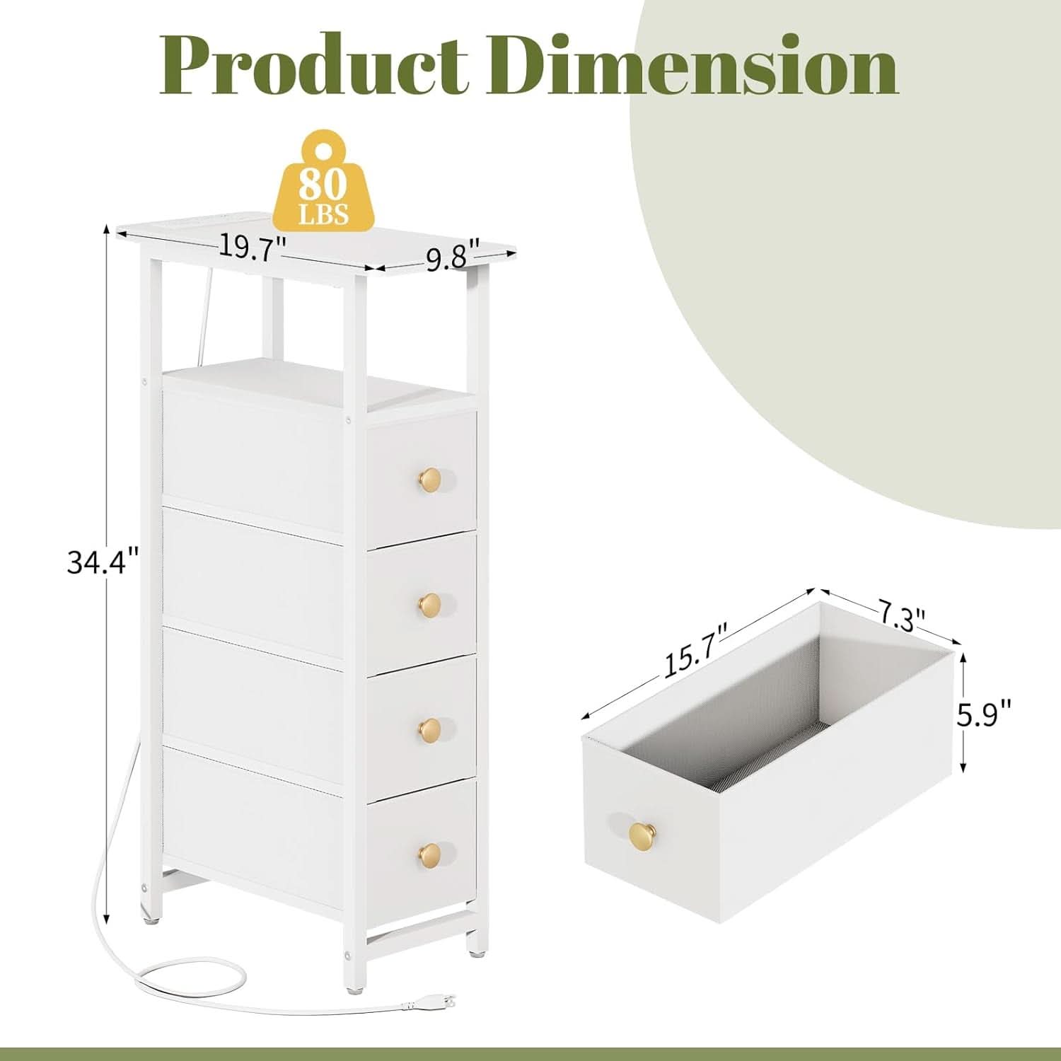 LED Narrow Nightstand With Wireless Charging