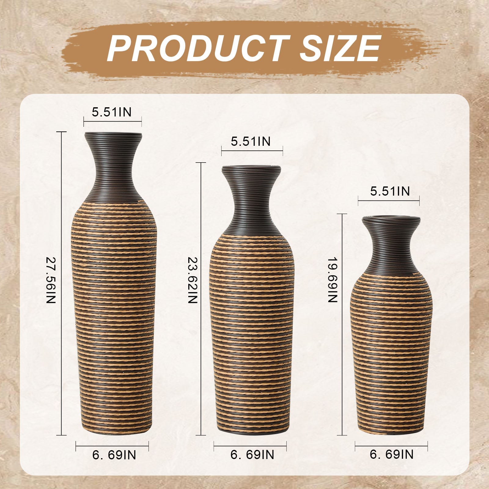 Hand-Woven PVC Rattan Vases, Set of 3 Decorative Floor Vases