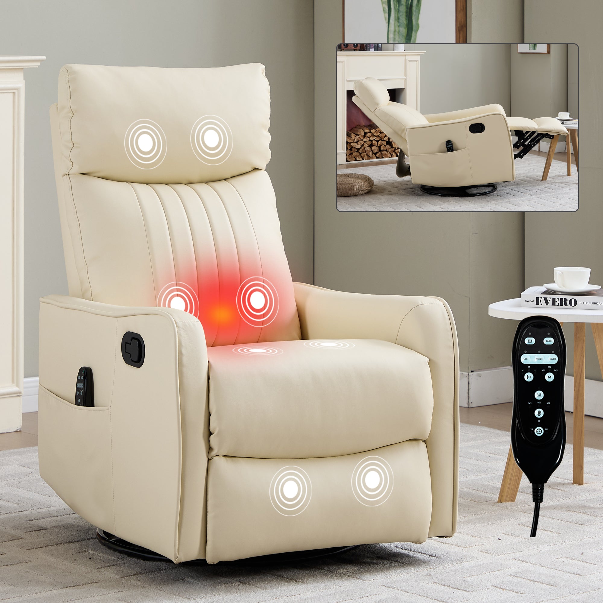 Beige Heat Massage Manual Recliner Chair with Rocker and Swivel in Faux Leather