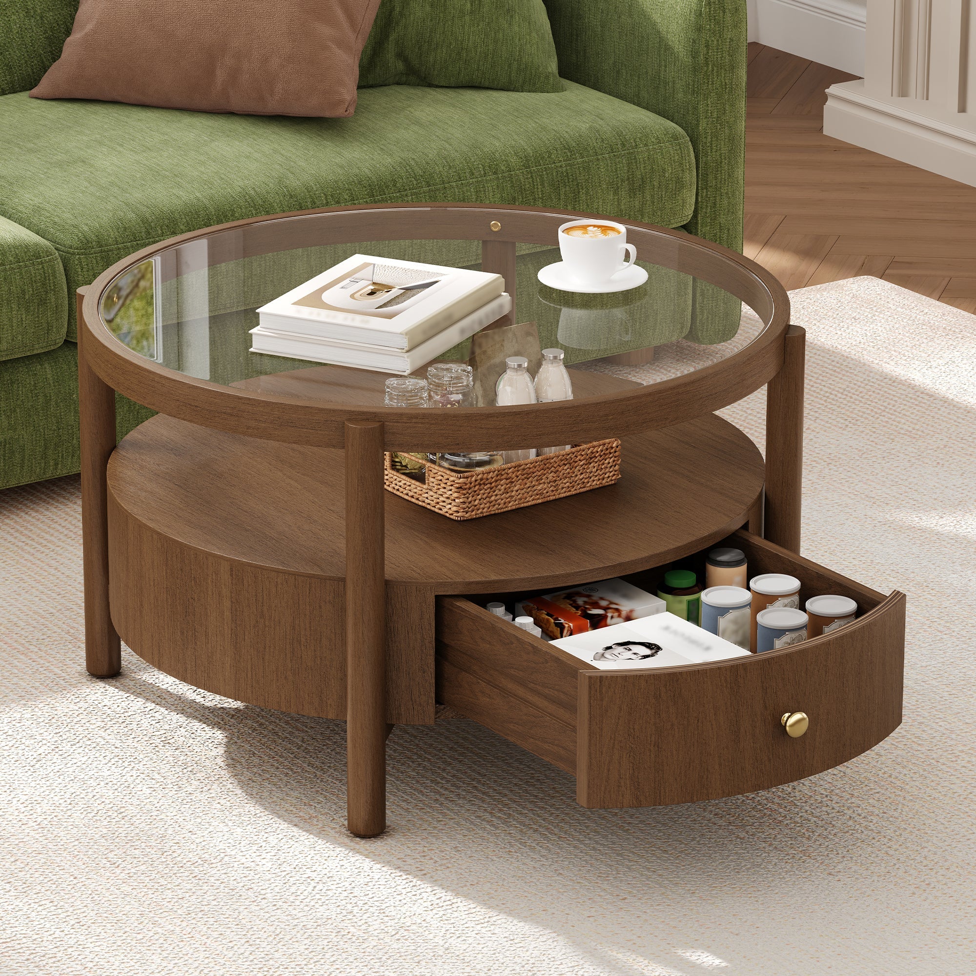 Solid Wood Round Glass Top Coffee Table with Storage Drawer