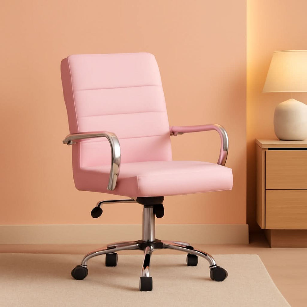 Pink Mid Back Office Chair With Arms 360 Degree Swivel