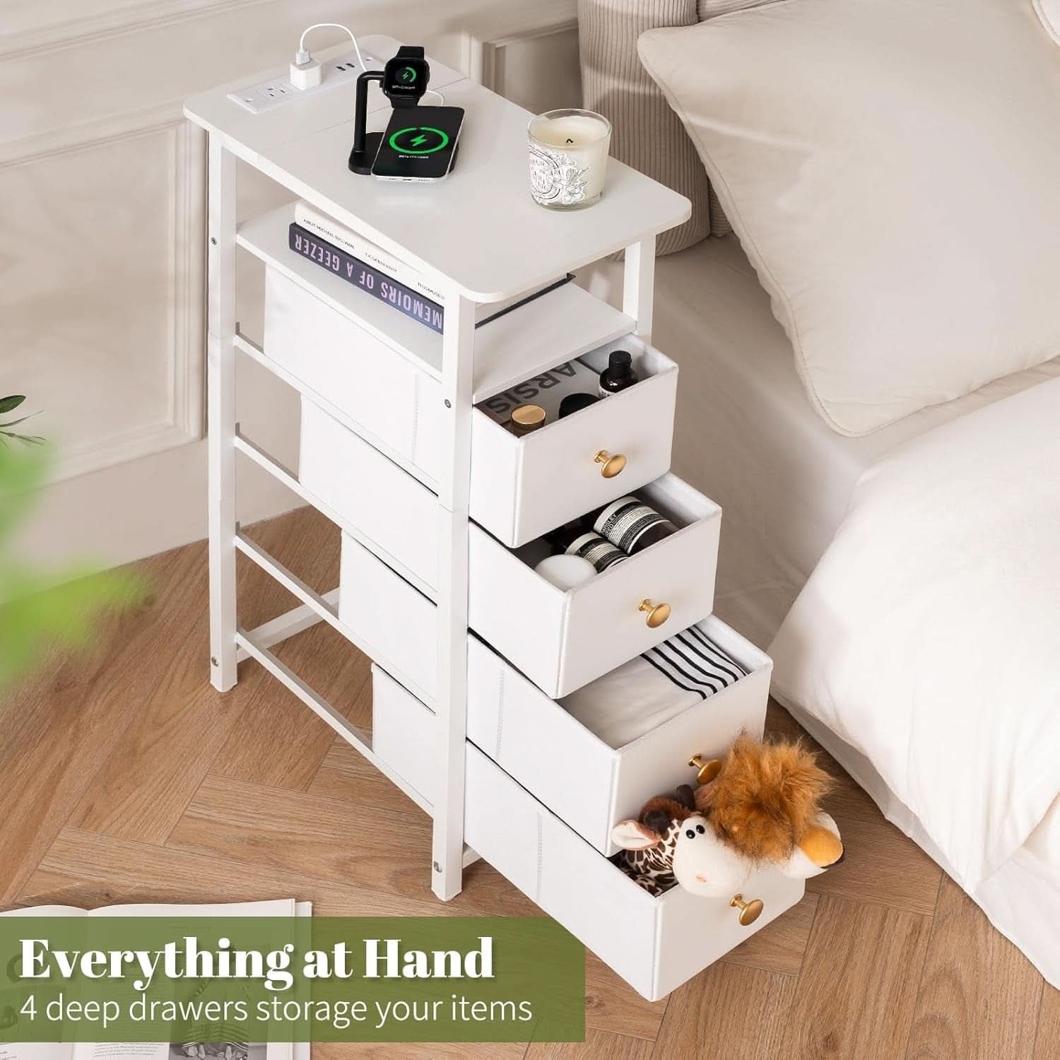 LED Narrow Nightstand With Wireless Charging