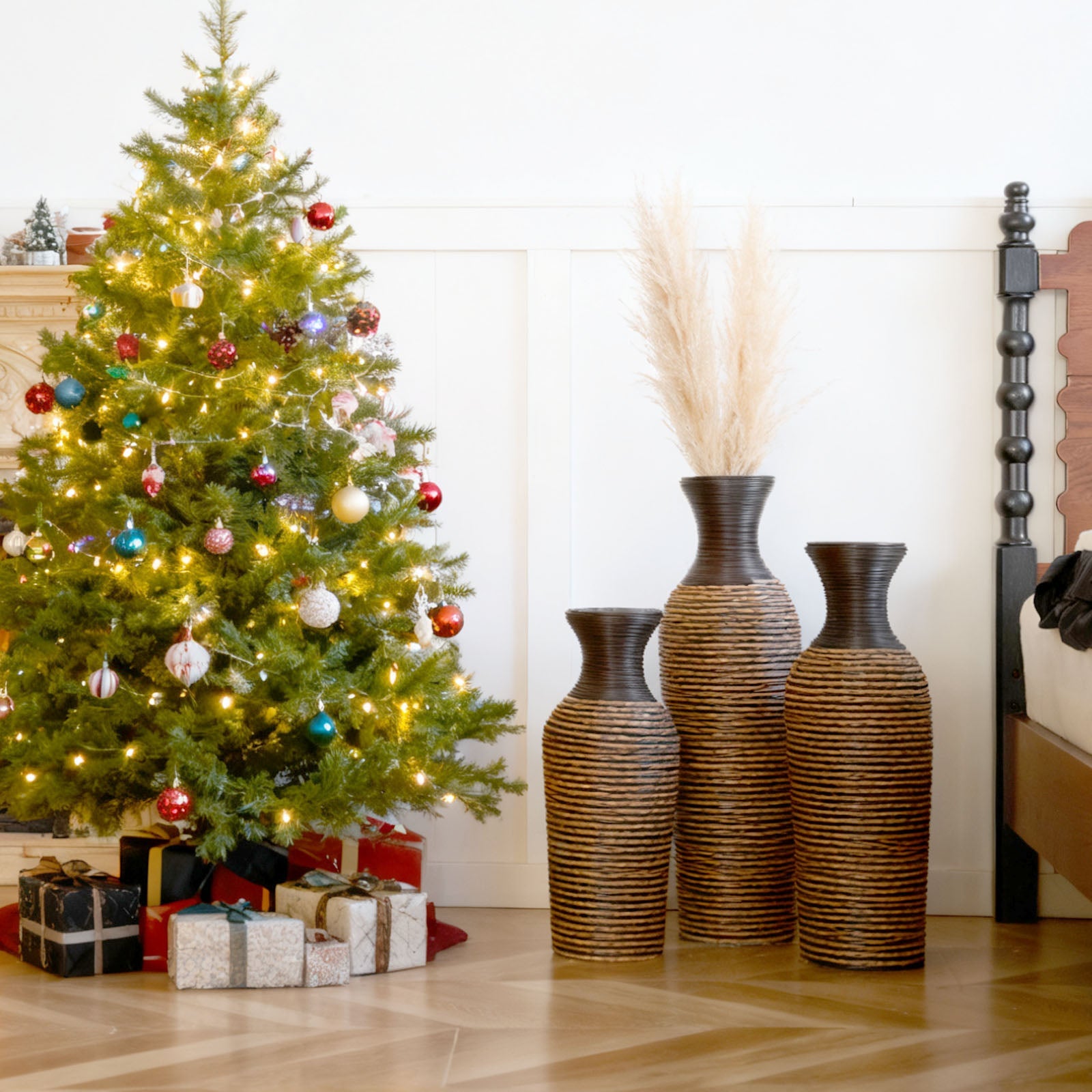 Hand-Woven PVC Rattan Vases, Set of 3 Decorative Floor Vases