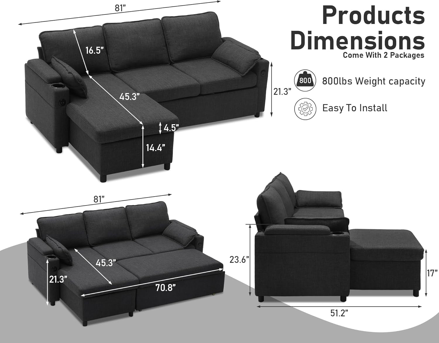 Convertible Sofa Bed with Storage and Cup Holder