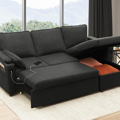 Convertible Sofa Bed with Storage and Cup Holder