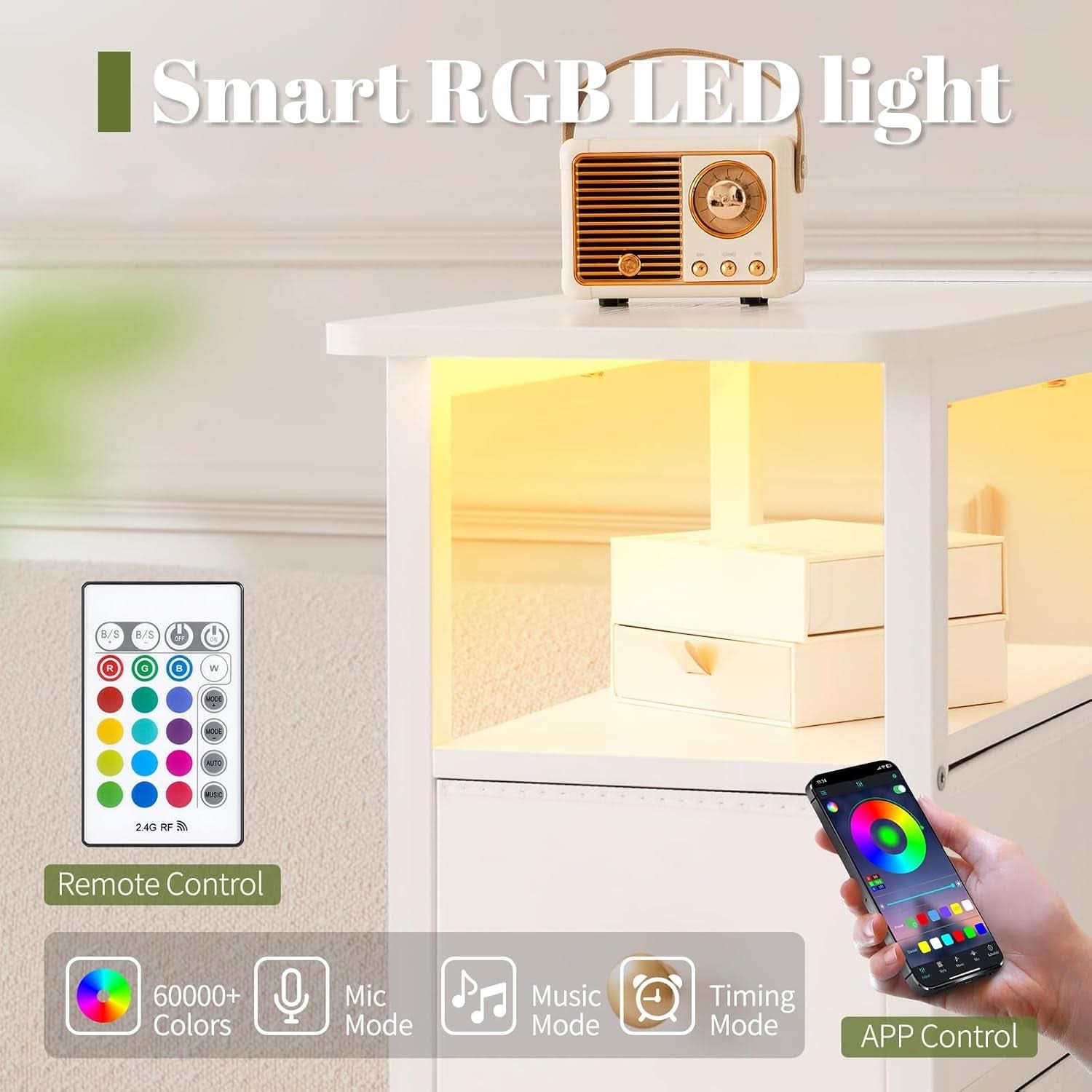 LED Narrow Nightstand With Wireless Charging