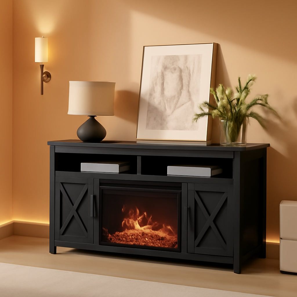 The Farmhouse 58 Inch TV Stand With Electric Fireplace Grey