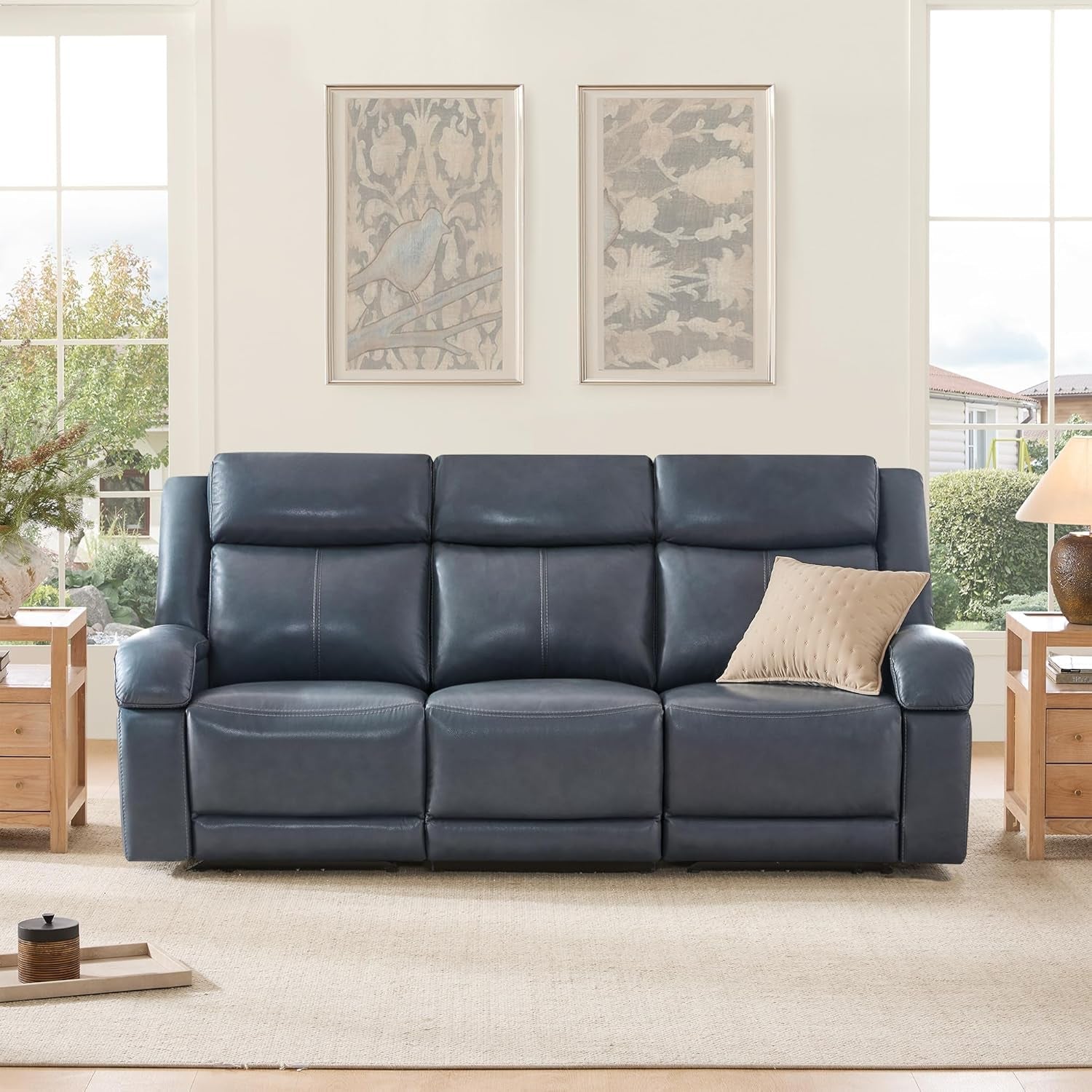 Navy Leather Power Recliner Sofa