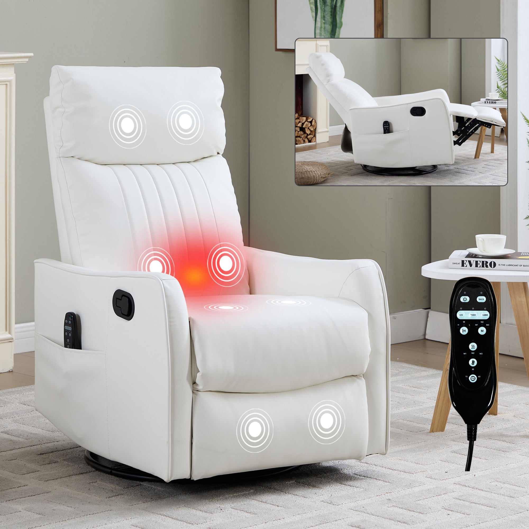 White Heat Massage Manual Recliner Chair with Rocker and Swivel