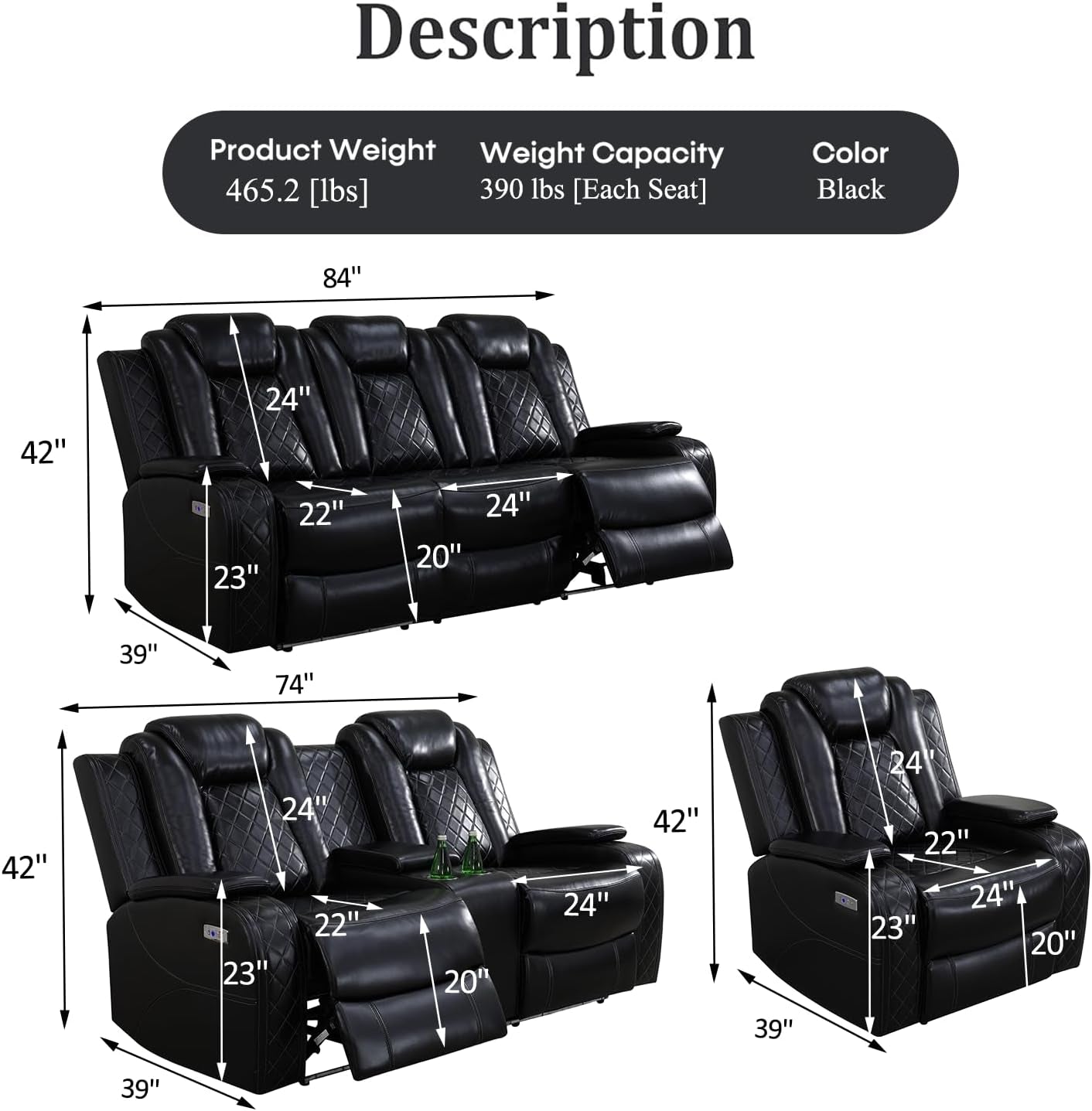Amanda Black Leather Power Recliner Sectional