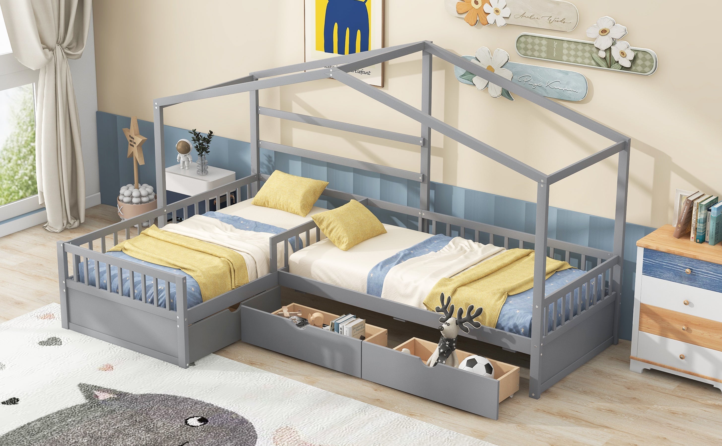 Twin Size House Platform Bed with Three Storage Drawers
