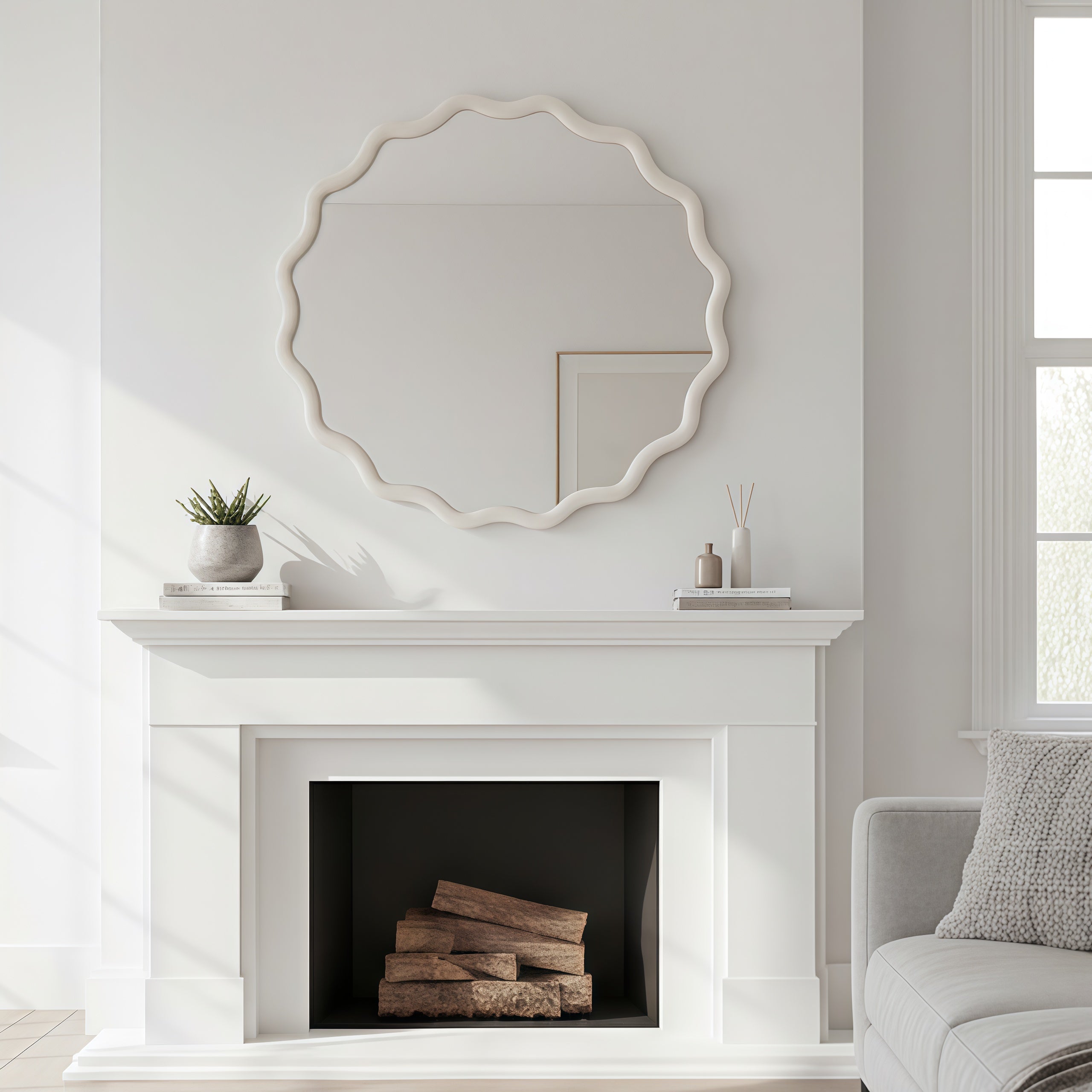 White 24 inch Wavy Round Solid Wood Frame Decorative Mirror