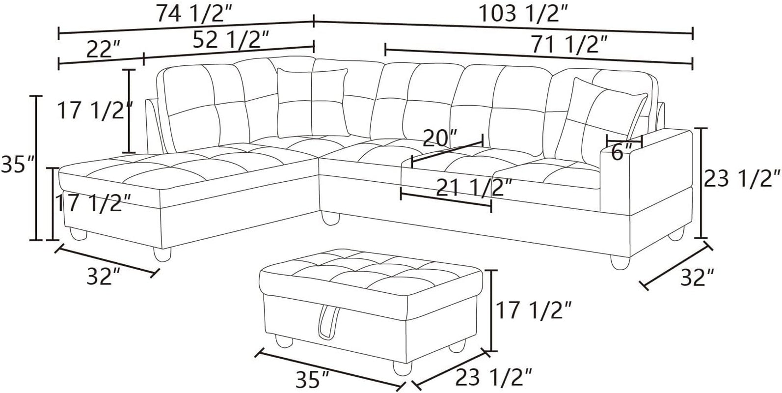 Ponliving Espresso L Shaped Sectional Sofa Set Left Hand Facing