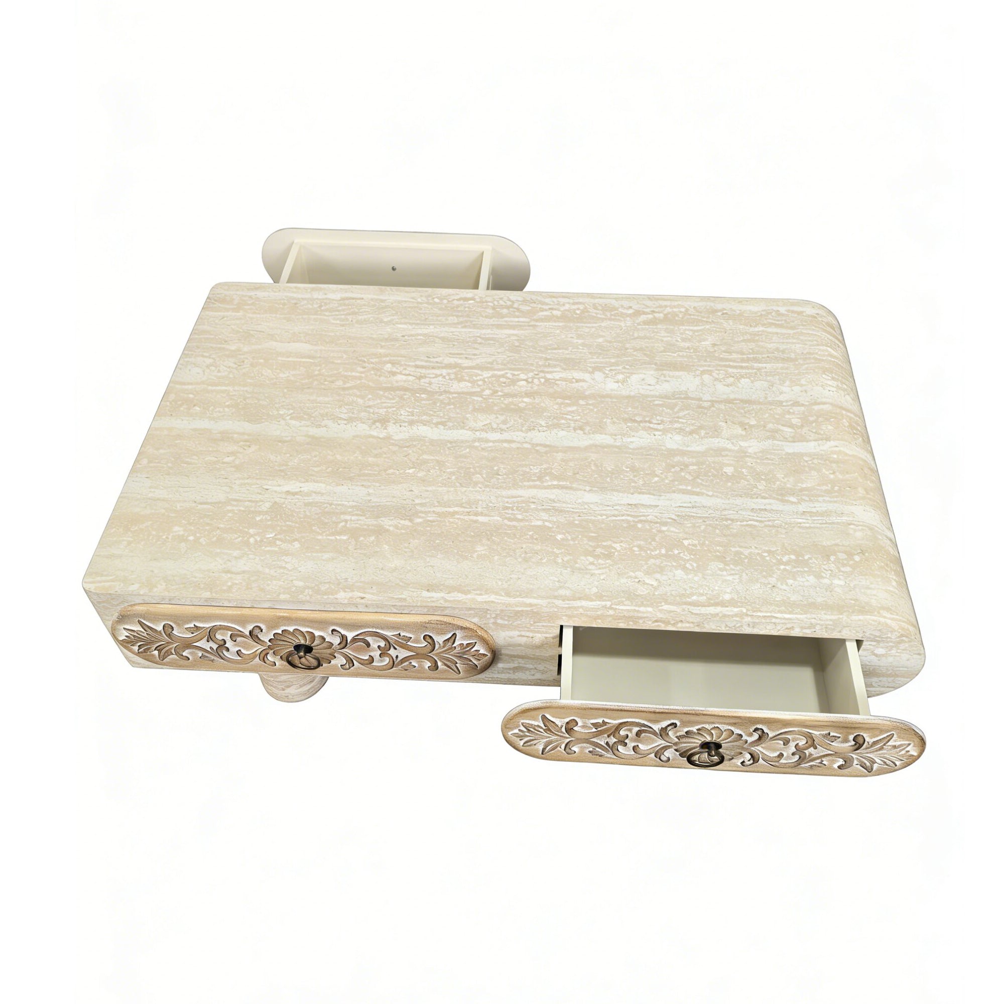 Rounded Edge Coffee Table with Flower Pattern Solid Wood Drawer