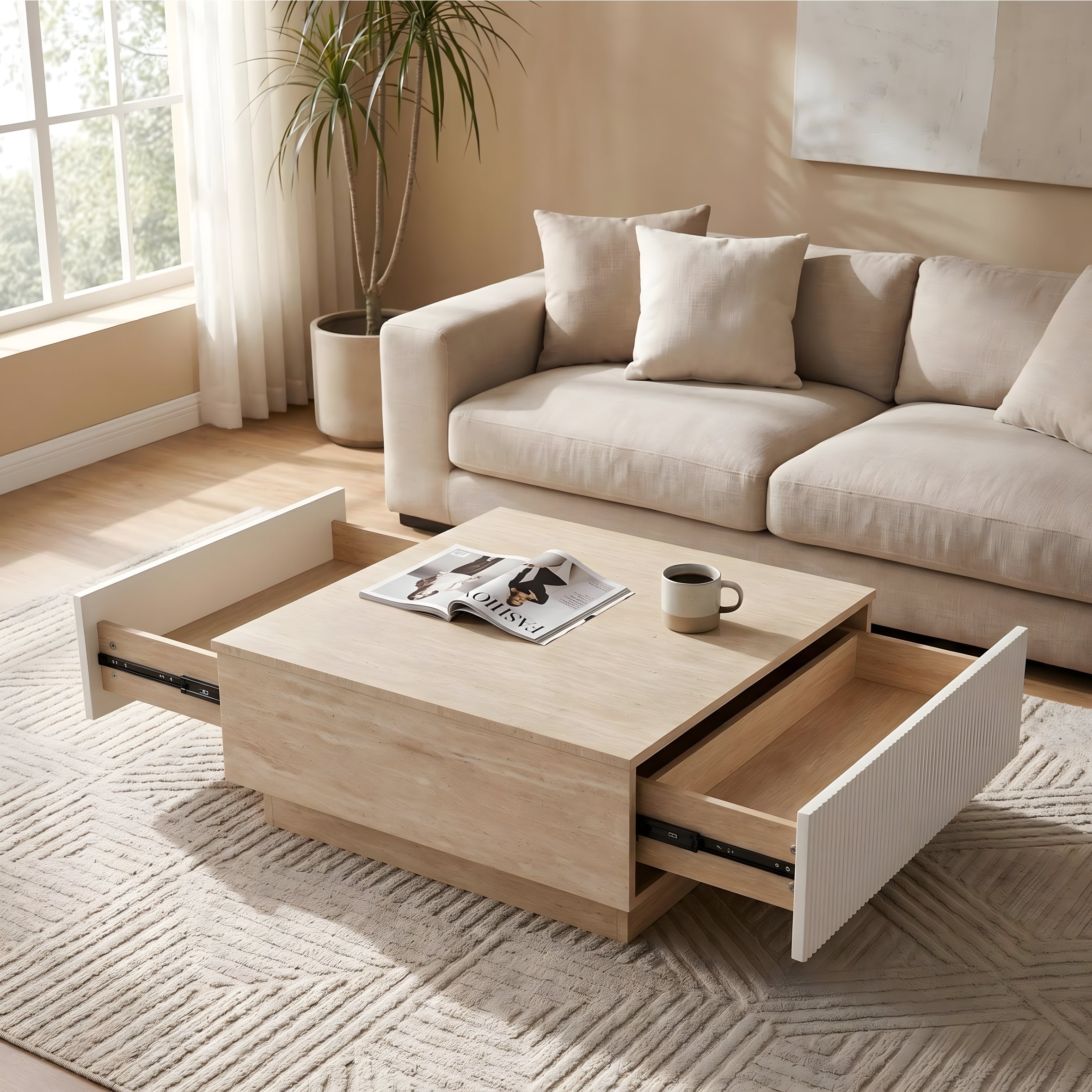 Modern Faux Travertine Coffee Table with 2 Drawers