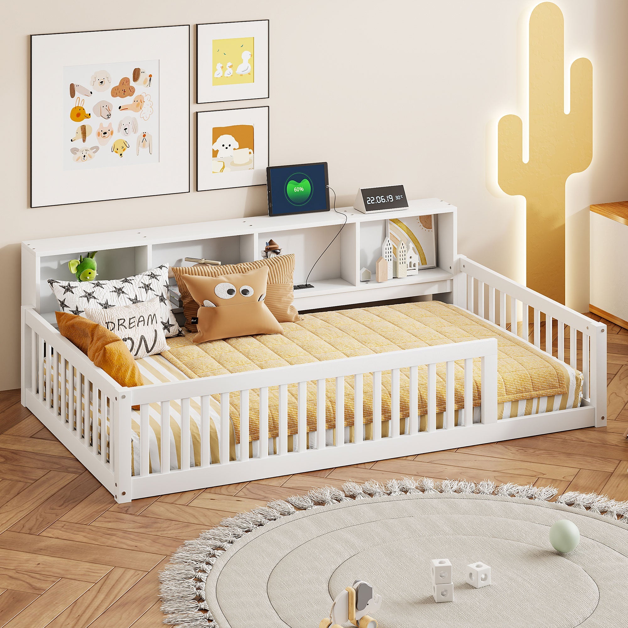 Wood Twin XL Bed with Storage Cabinets