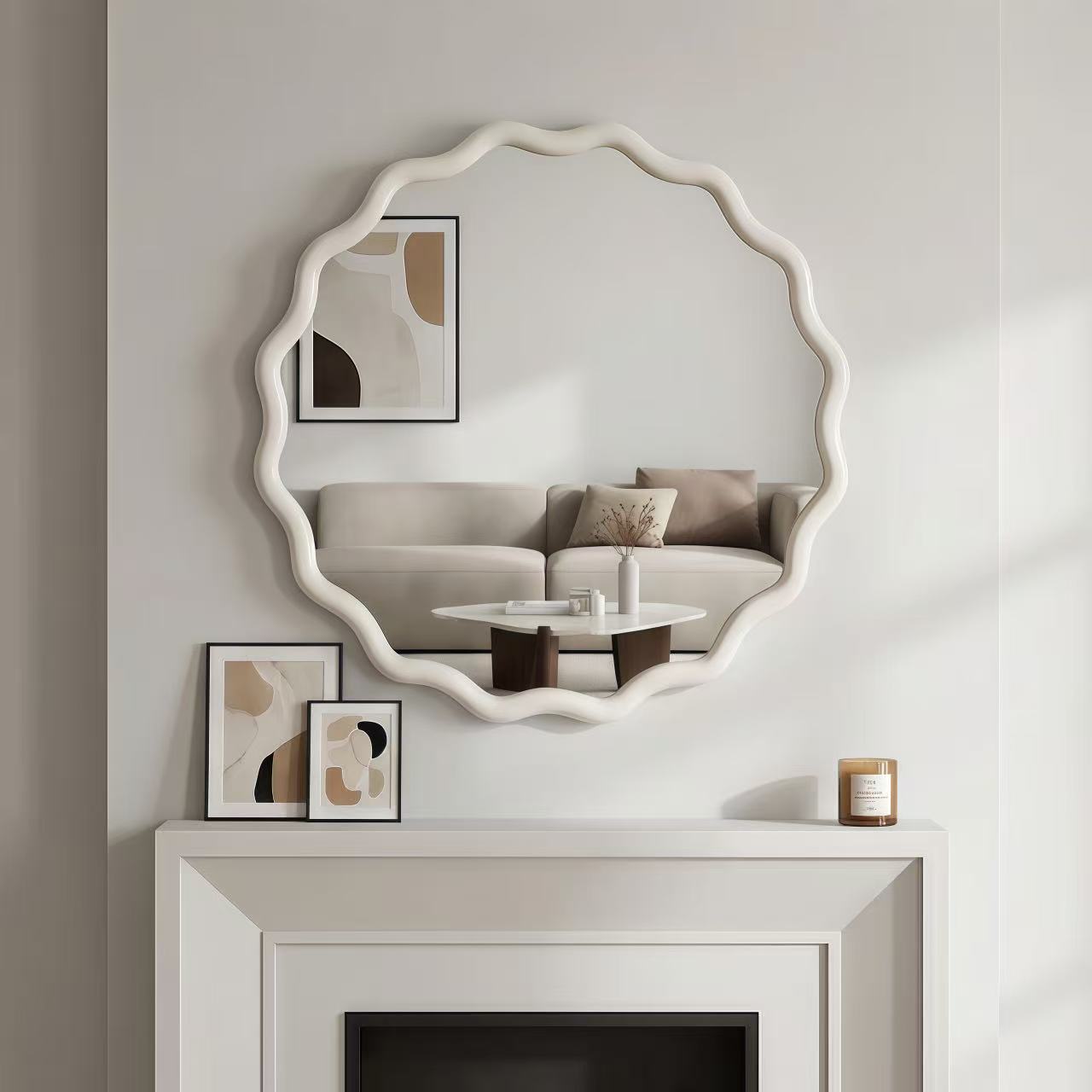 White 24 inch Wavy Round Solid Wood Frame Decorative Mirror