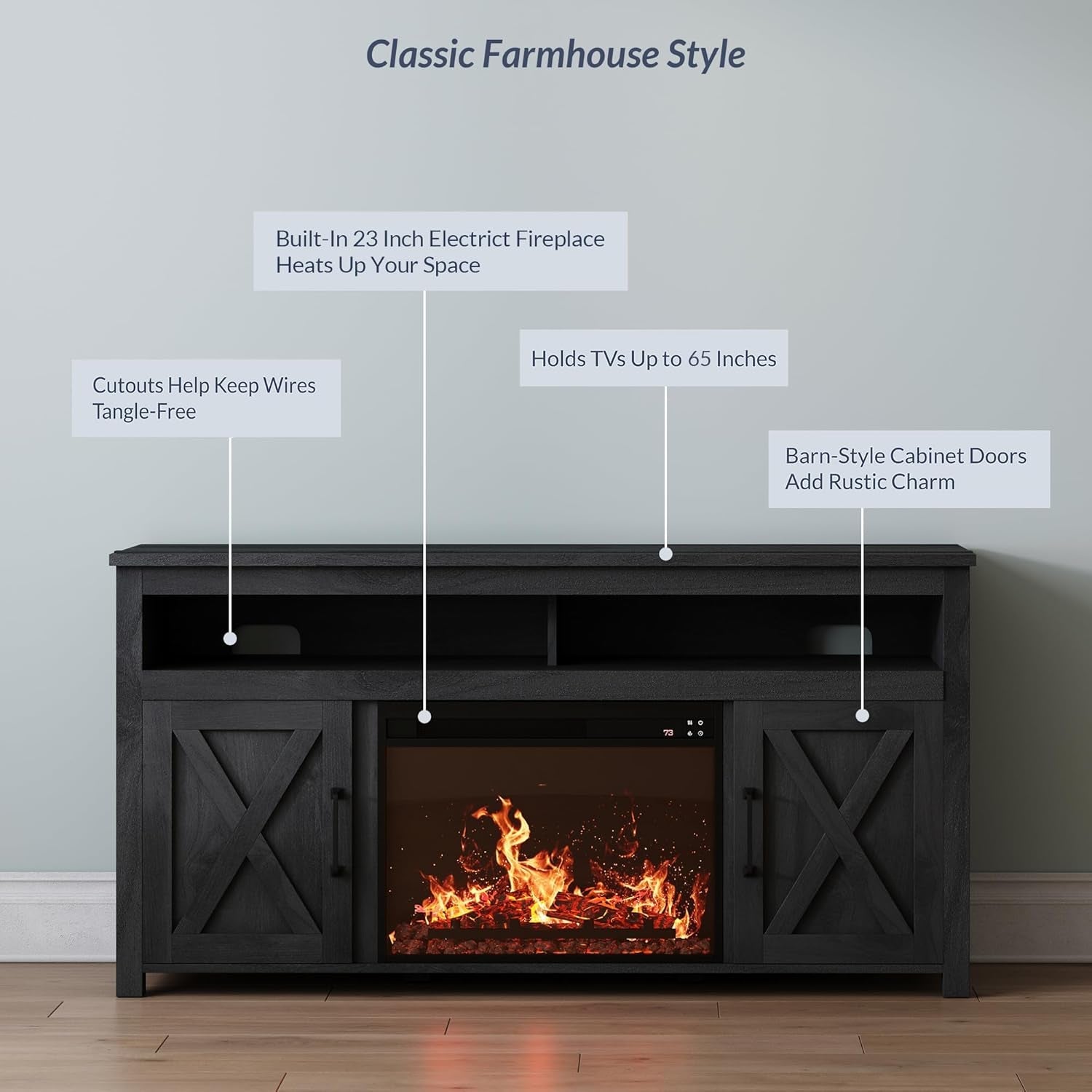 The Farmhouse 58 Inch TV Stand With Electric Fireplace Grey