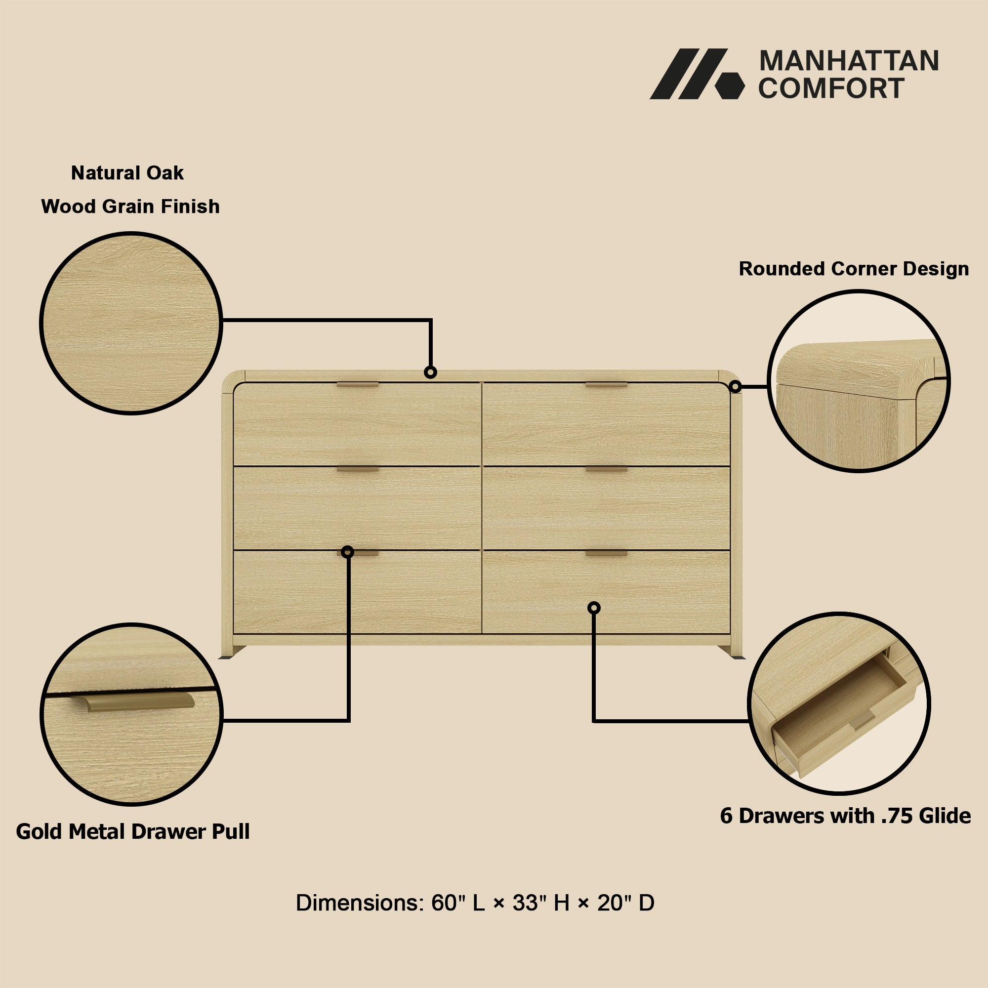 Grace Modern 60 Double Dresser with 6 Drawers