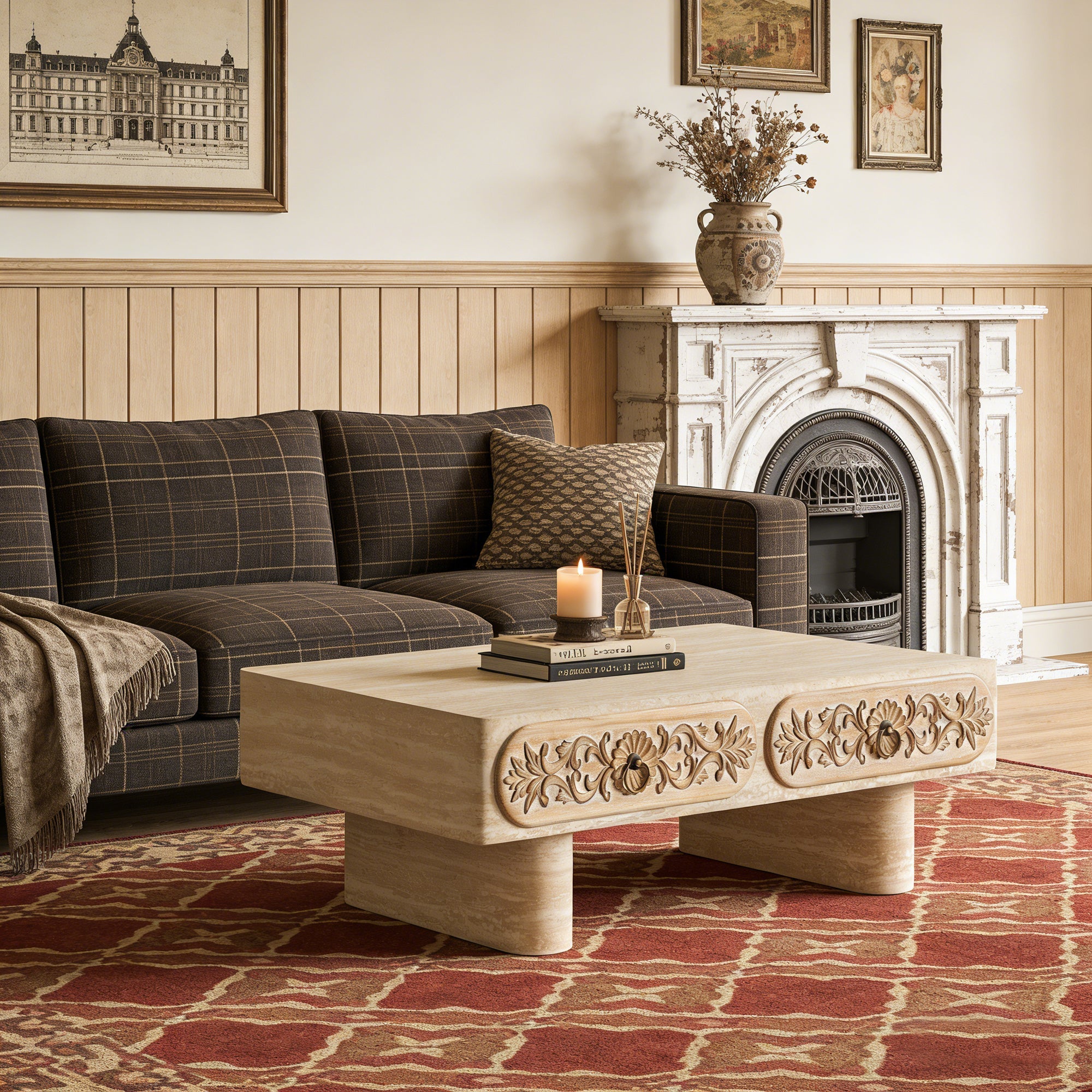 Rounded Edge Coffee Table with Flower Pattern Solid Wood Drawer