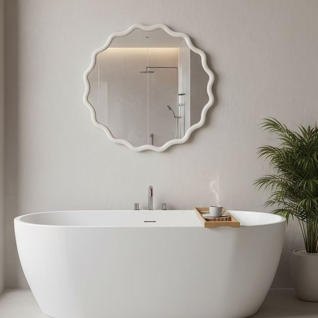 White 24 inch Wavy Round Solid Wood Frame Decorative Mirror