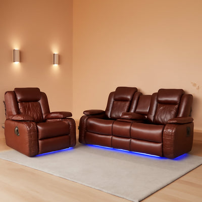 Techno Power Reclining Brown Leather Sofa Set