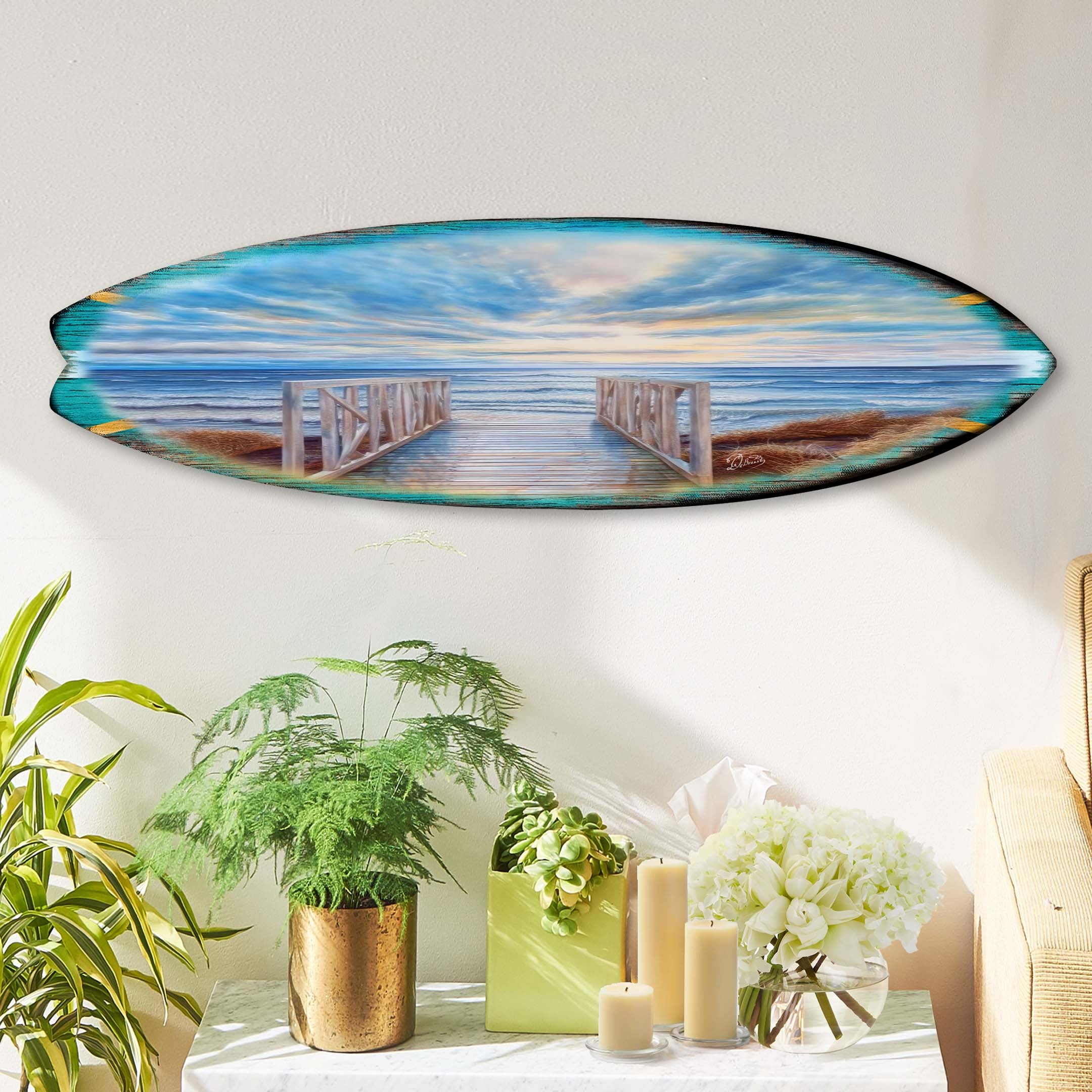 Wooden Pier Surfboard Coastal Wall Art