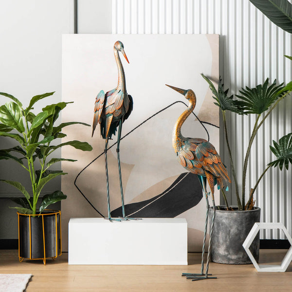 Set of 2 Crane Garden Statues Standing Sculptures Bird