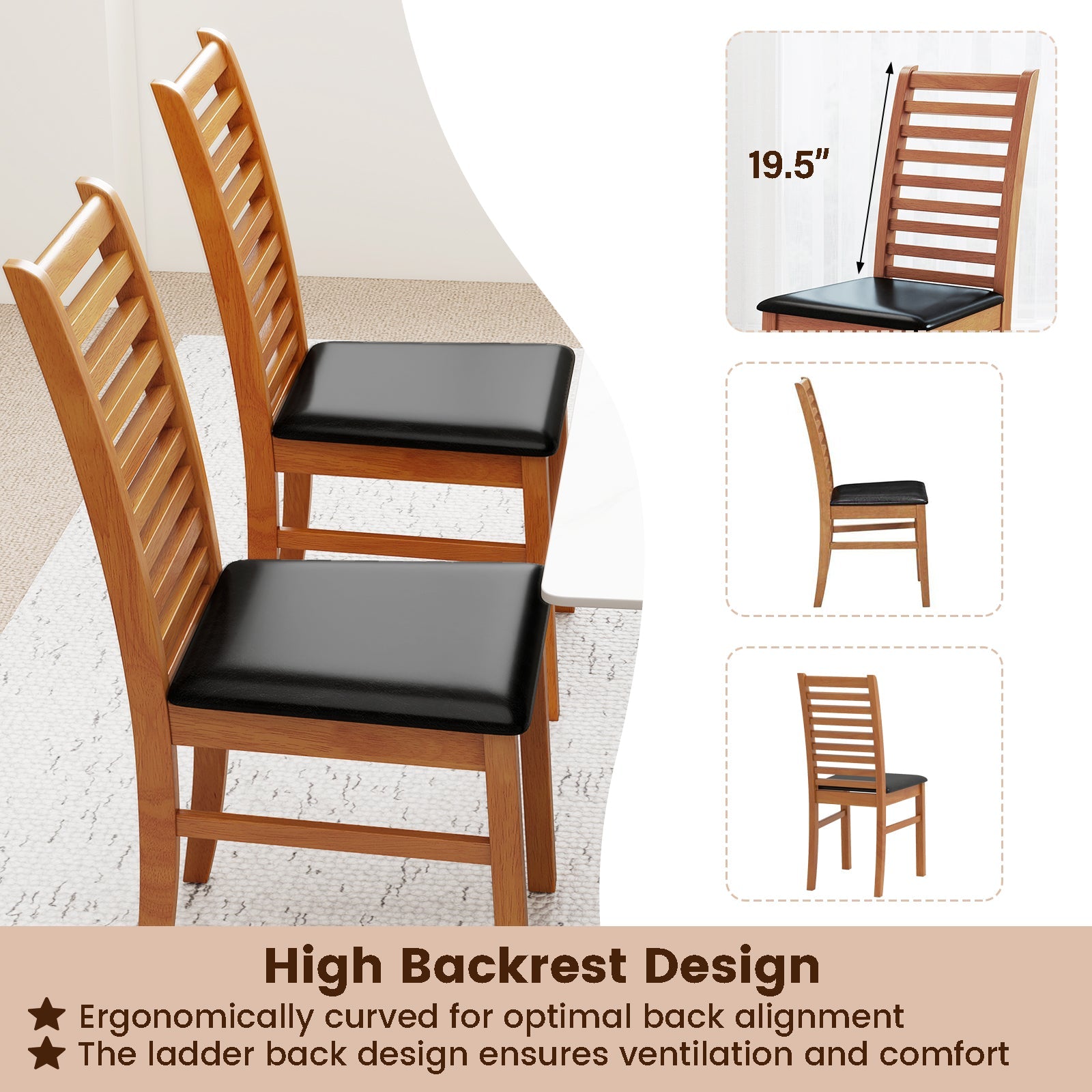 Set of 2 Wooden Dining Chair with Rubber Wood Legs