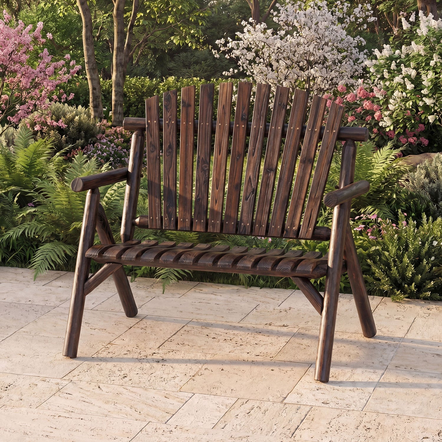2-Person Log Wood Patio Bench with Slatted Backrest